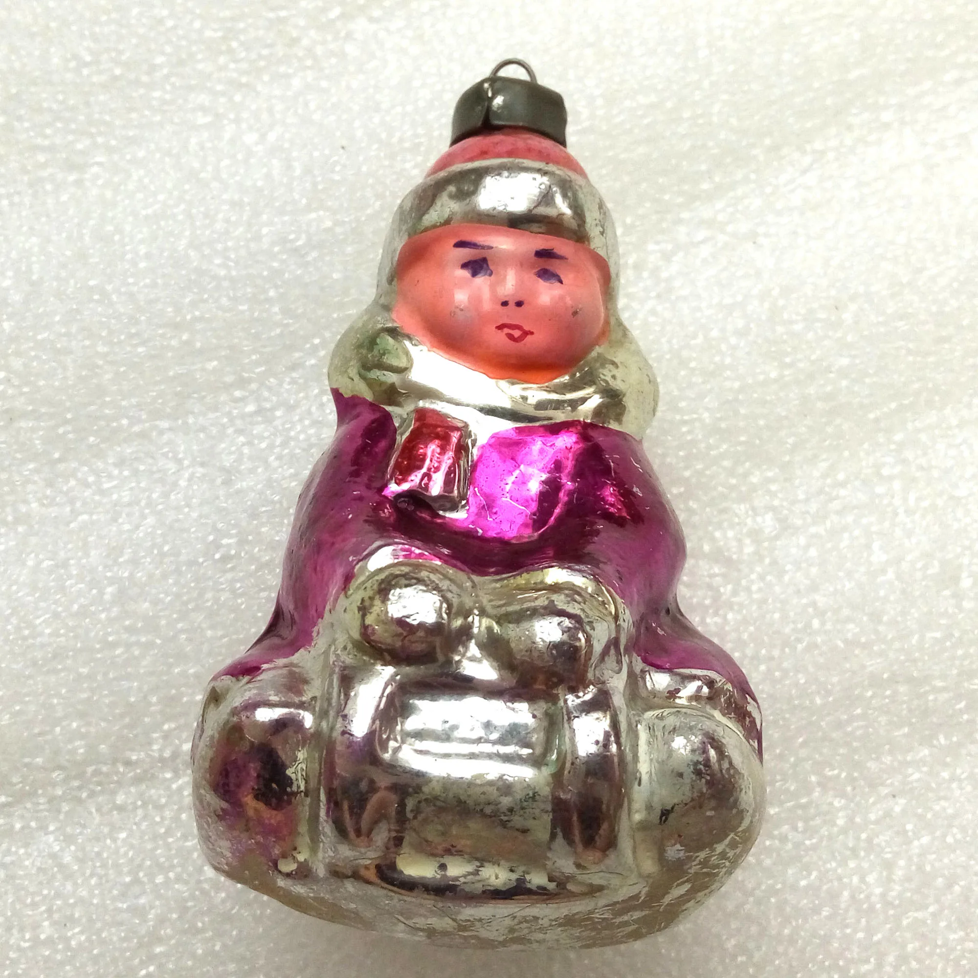 Vintage USSR Glass Christmas Ornament Kid on Sled