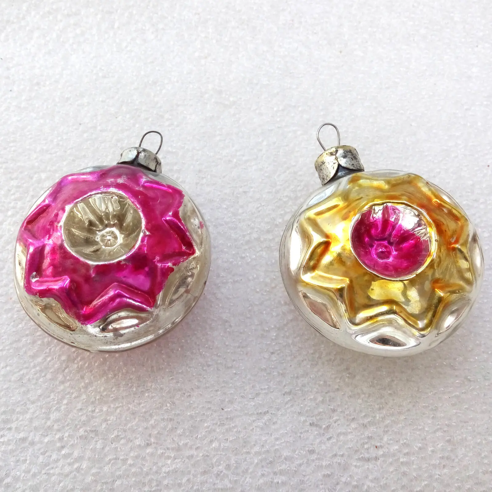 Set of 2 Old Antique Vintage Glass Christmas Ornament Flowers