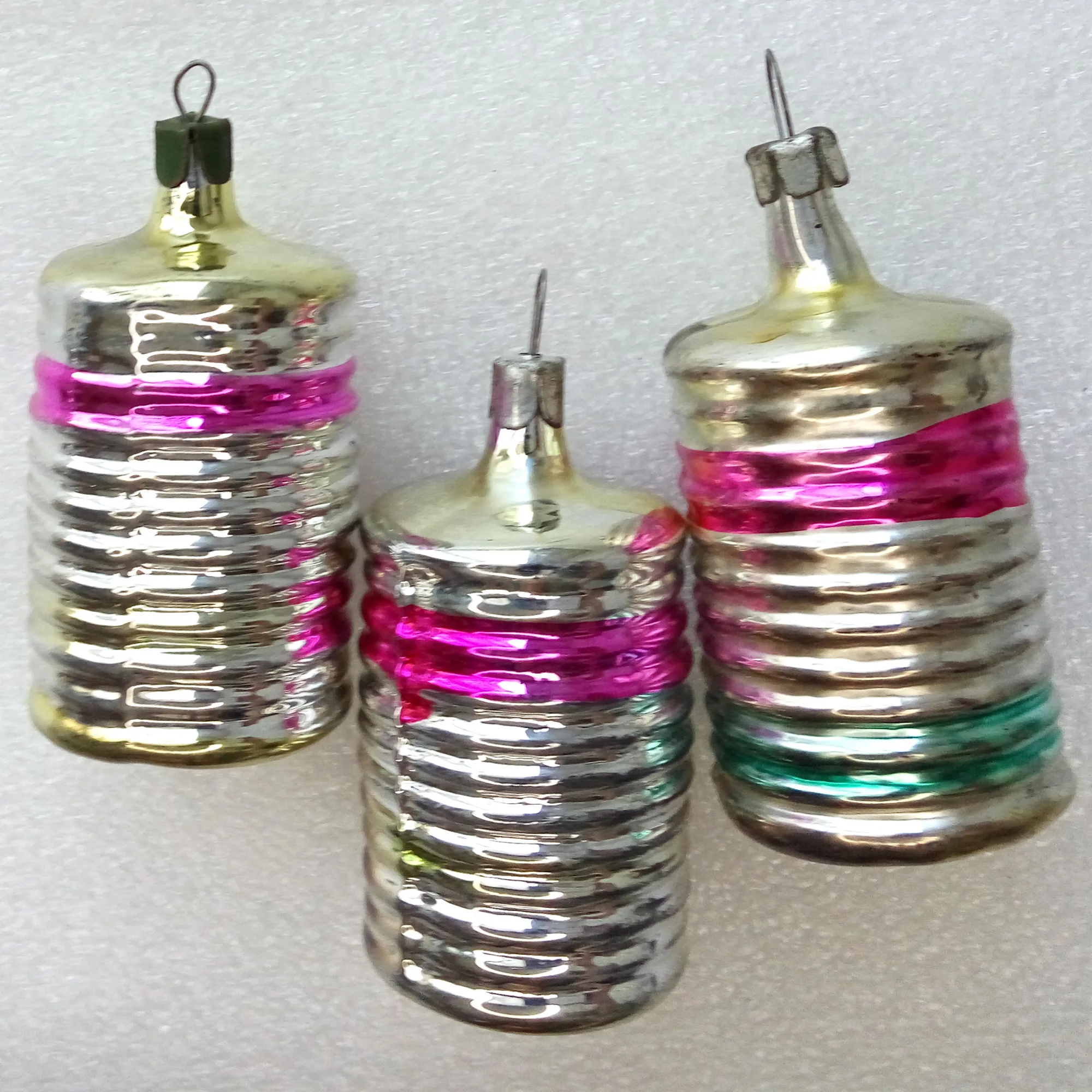 Set of 3 Vintage Glass Christmas Ornaments Barrels