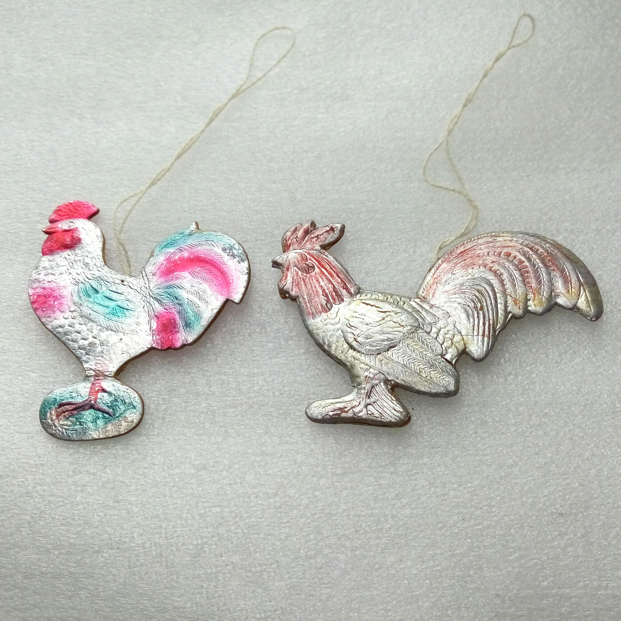 Set of 2 Vintage Cardboard Christmas Ornaments Roosters