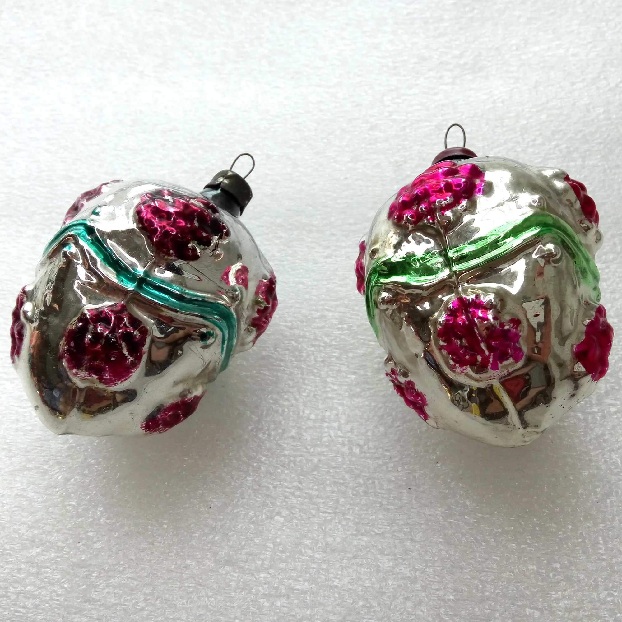 Set of 2 Vintage Silver Glass Christmas Ornament