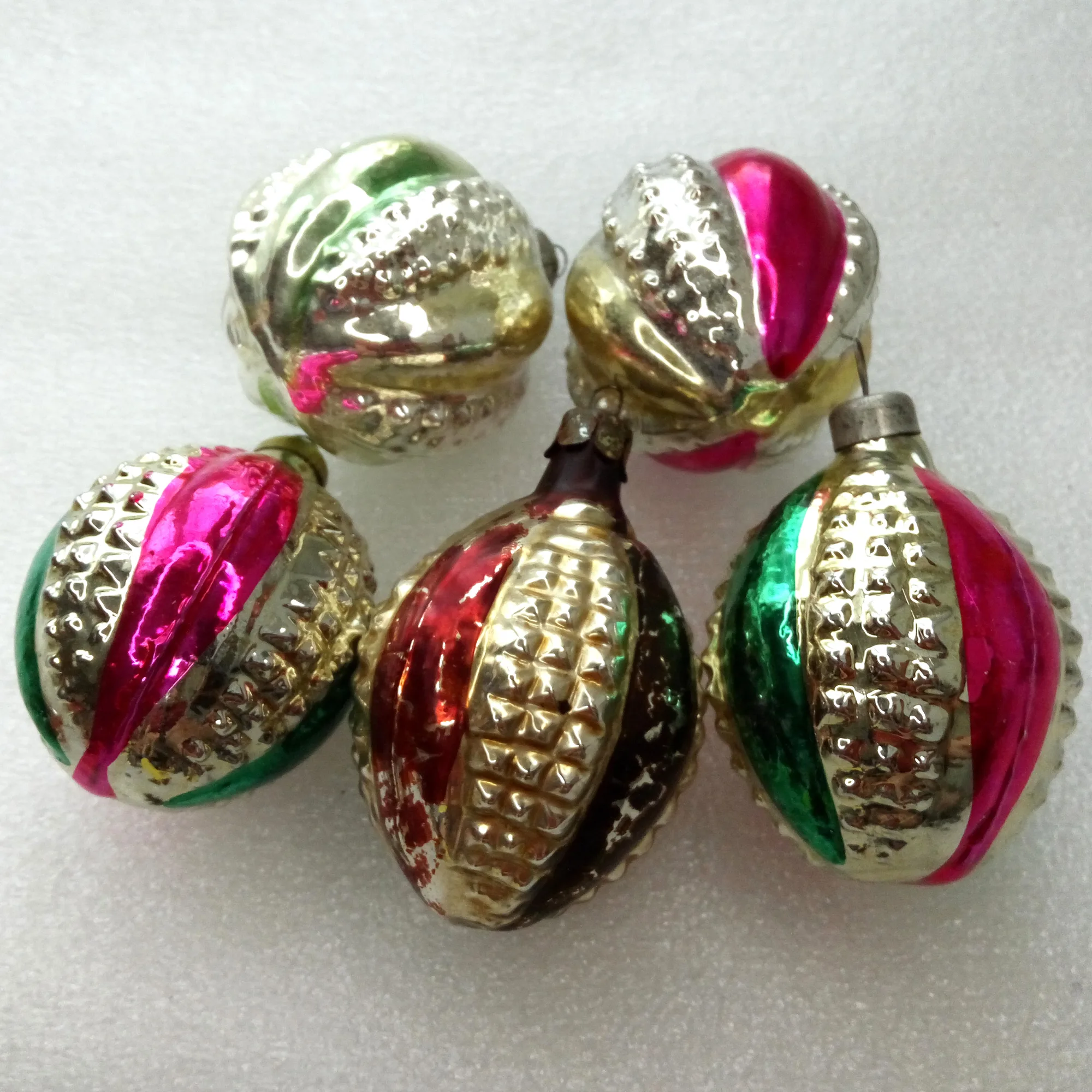 Set of 5 Vintage Silver Glass Christmas Ornaments