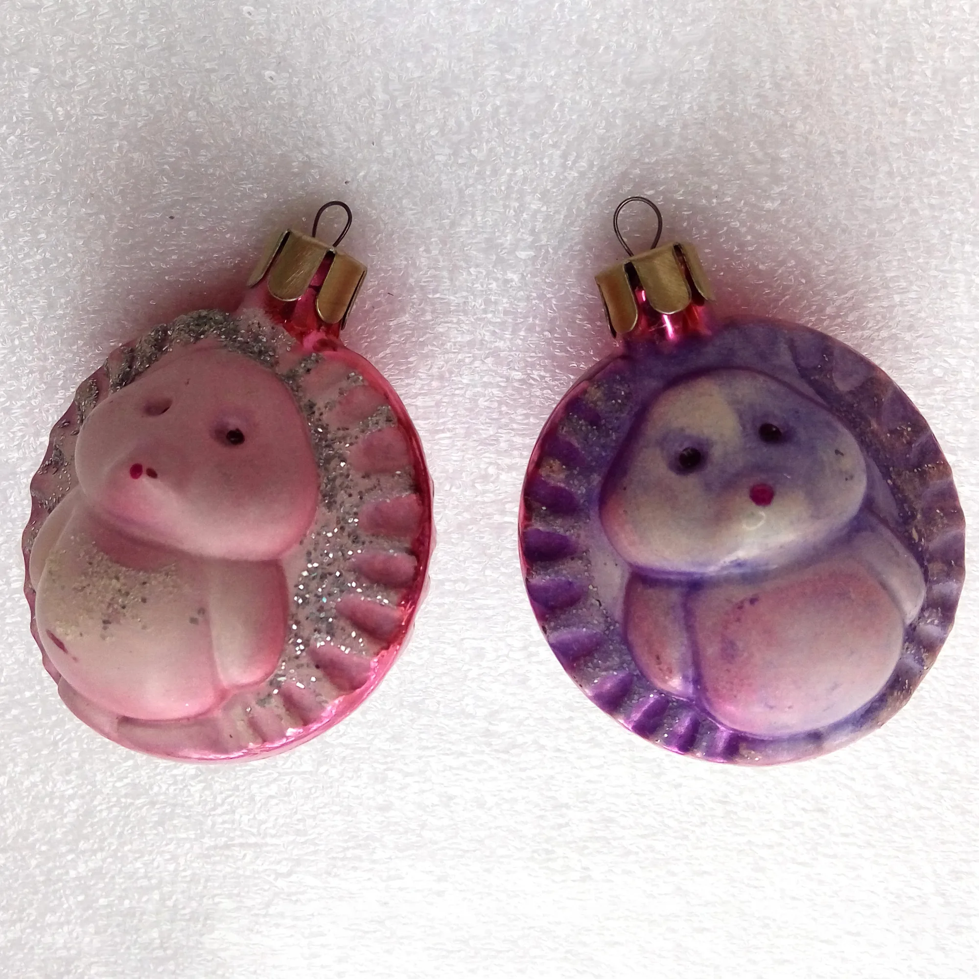 Set of 2 Vintage Glass Christmas Ornaments Hedgehogs