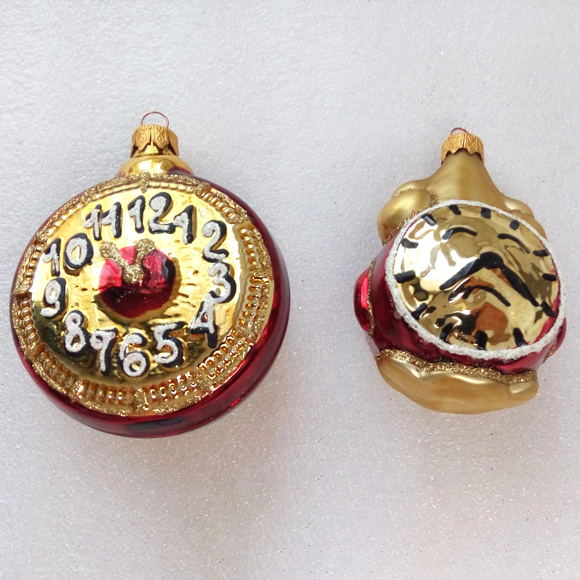 Set of 2 Ukrainian Glass Christmas Ornament Clocks