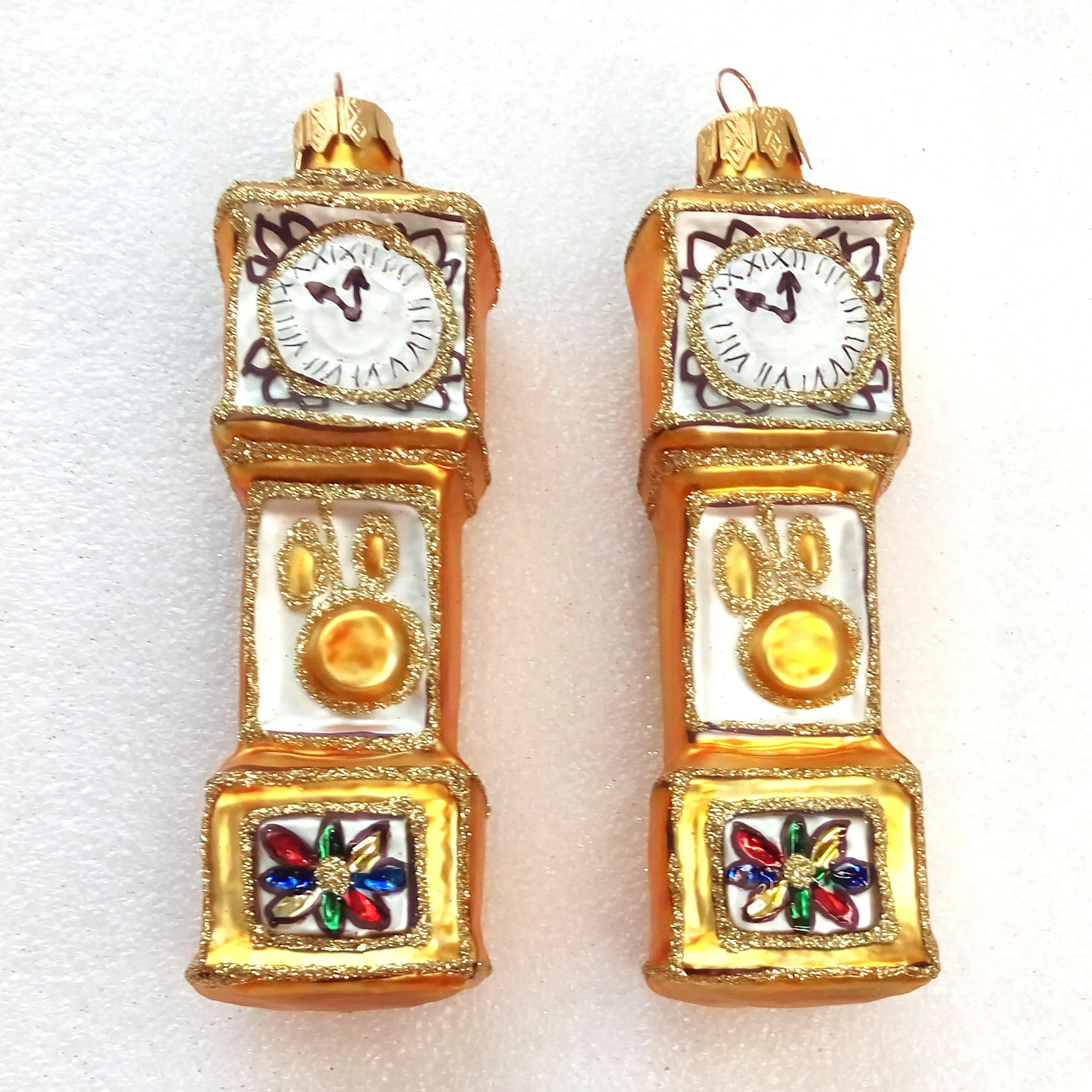 Set of 2 Ukrainian Glass Christmas Ornaments Tree Floor Clock