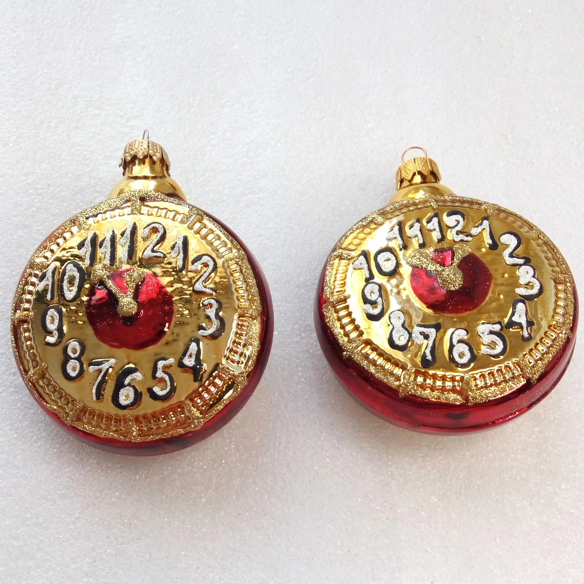 Set of 2 Ukrainian Glass Christmas Ornaments Clocks