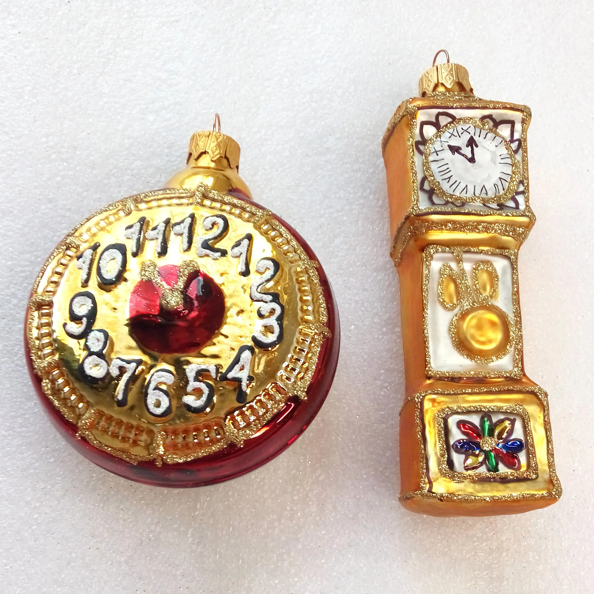 Set of 2 Ukrainian Glass Christmas Ornaments Clocks