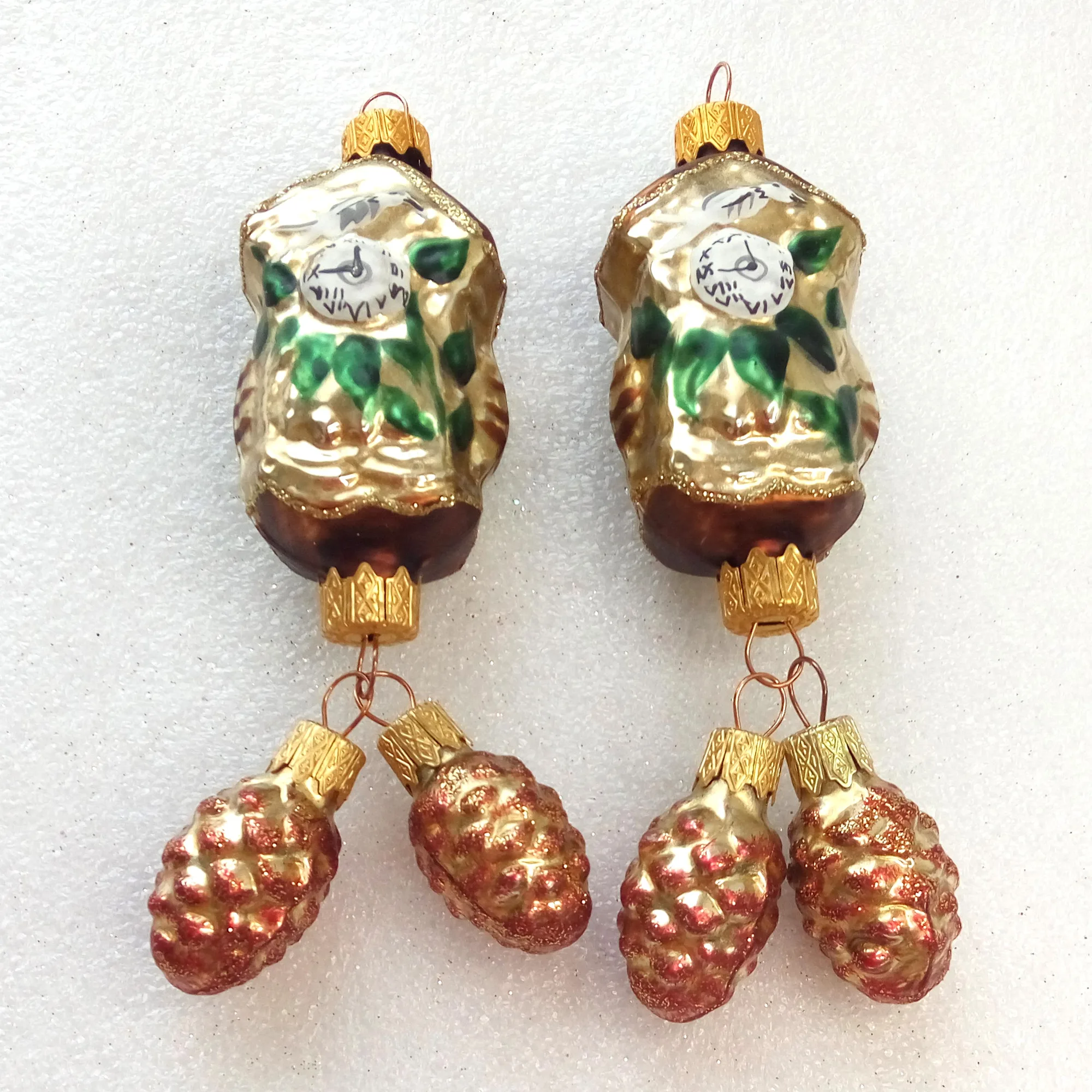 Set of 2 Ukrainian Glass Christmas Ornament Cuckoo-clock