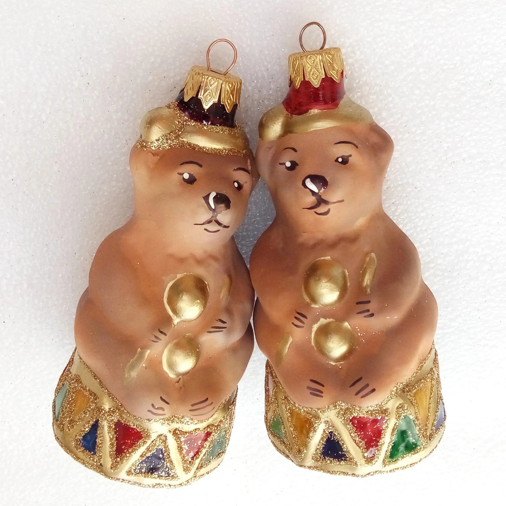 Set of 2 Big Ukrainian Glass Christmas Ornament Bear