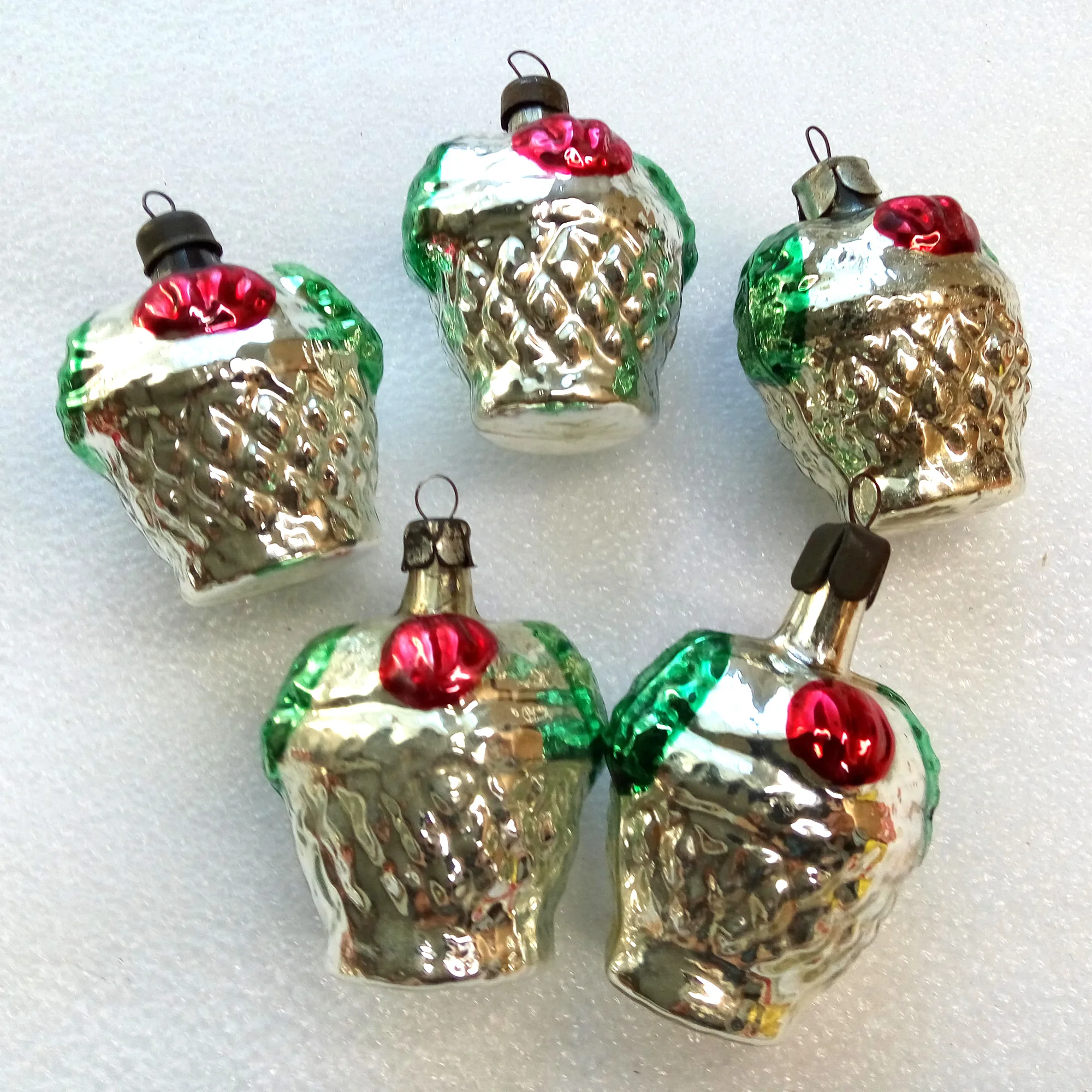 Set of 5 Vintage Silver Glass Christmas Ornaments Baskets