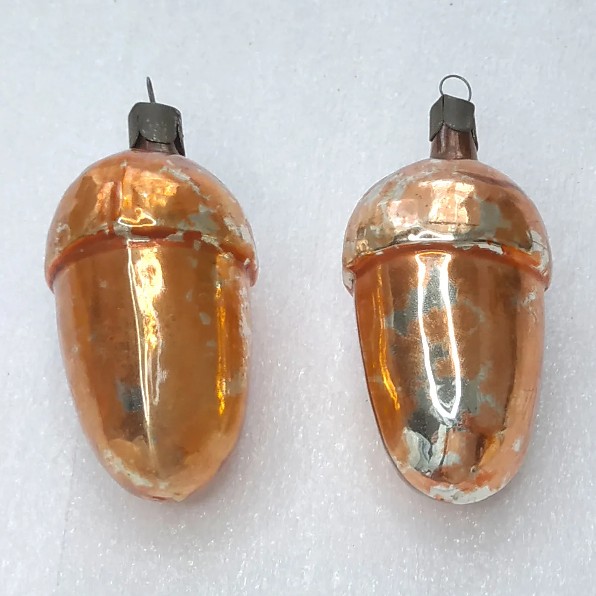 Set of 2 Antique Vintage Russian Silver Glass Christmas Ornament Acorns