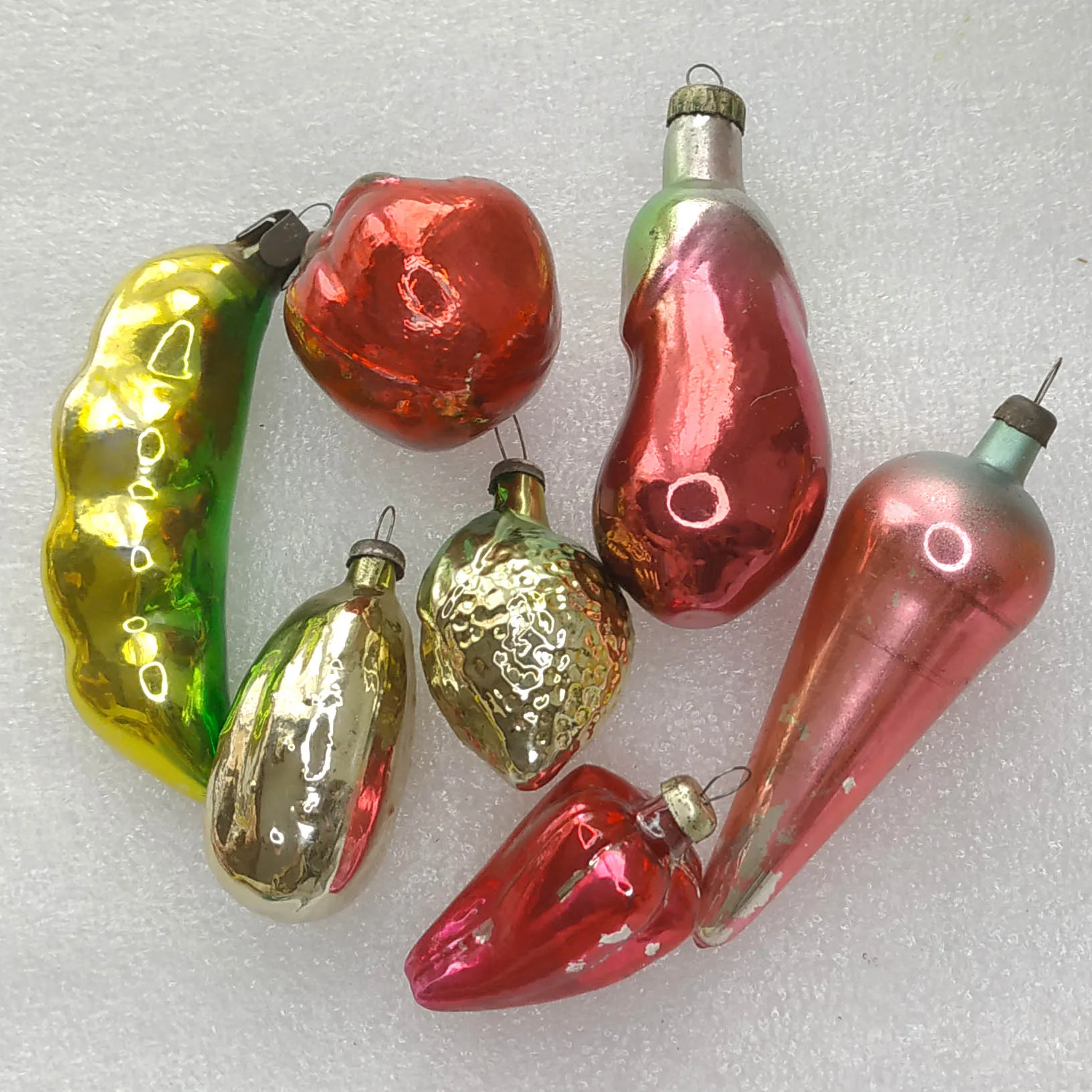 Set of 7 Vintage USSR Glass Christmas Tree Ornaments Vegetables Fruits