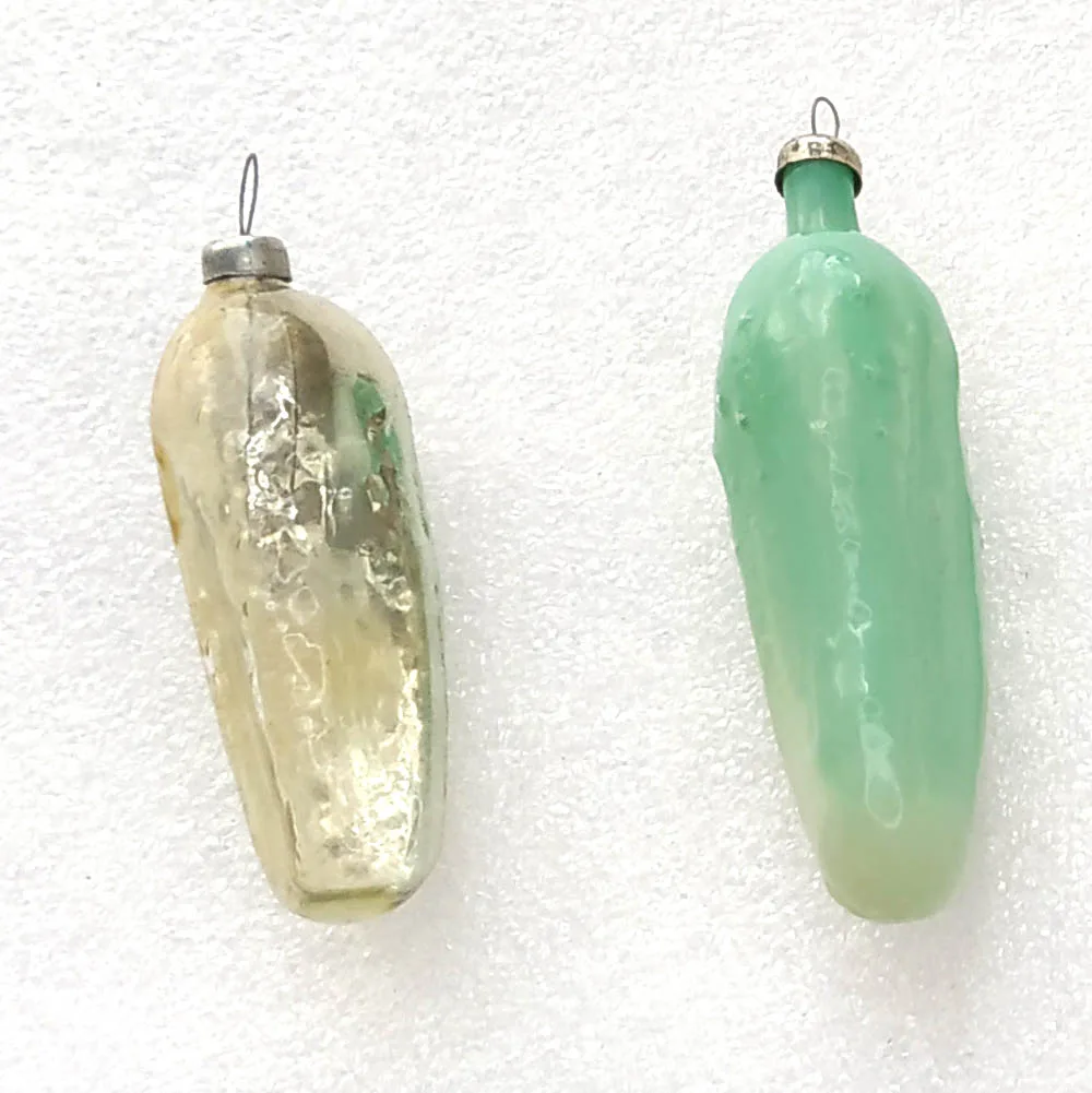 Set of 2 Vintage Glass Christmas Ornaments USSR Antique Tree Decor Pickle