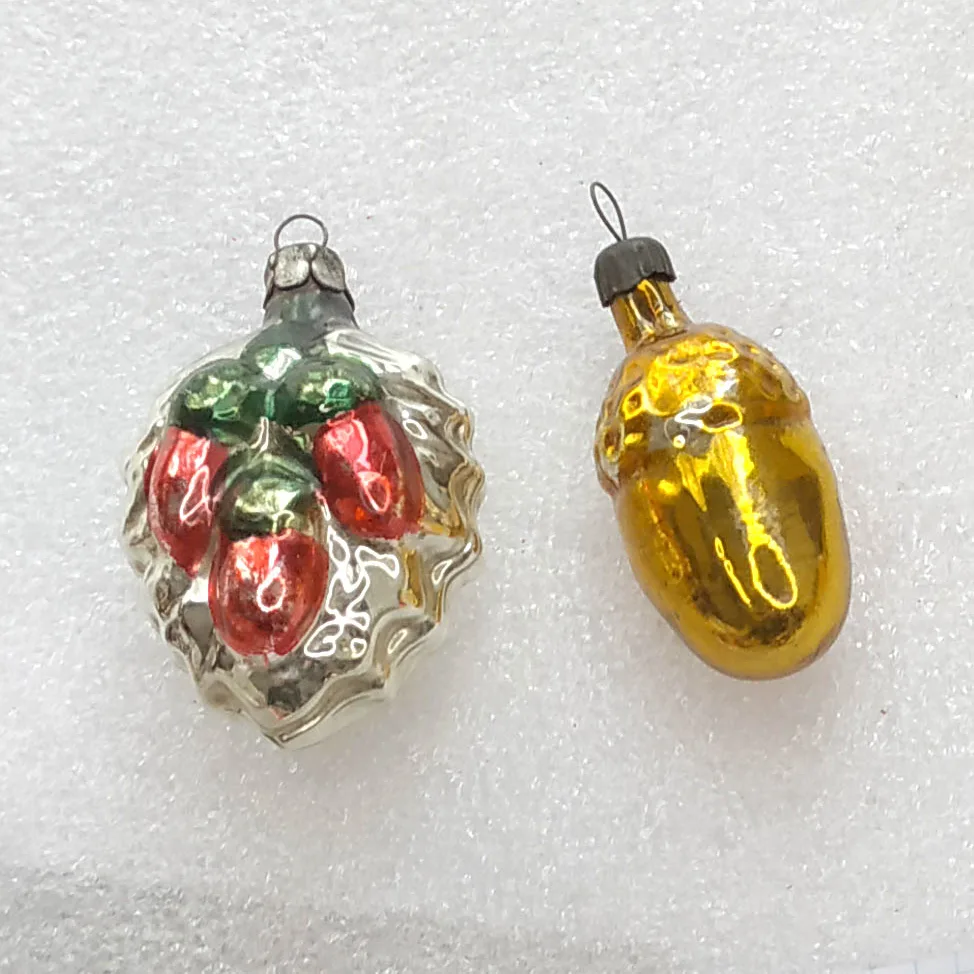 Set of 2 Vintage Silver Glass Christmas Ornaments USSR Antique Acorns