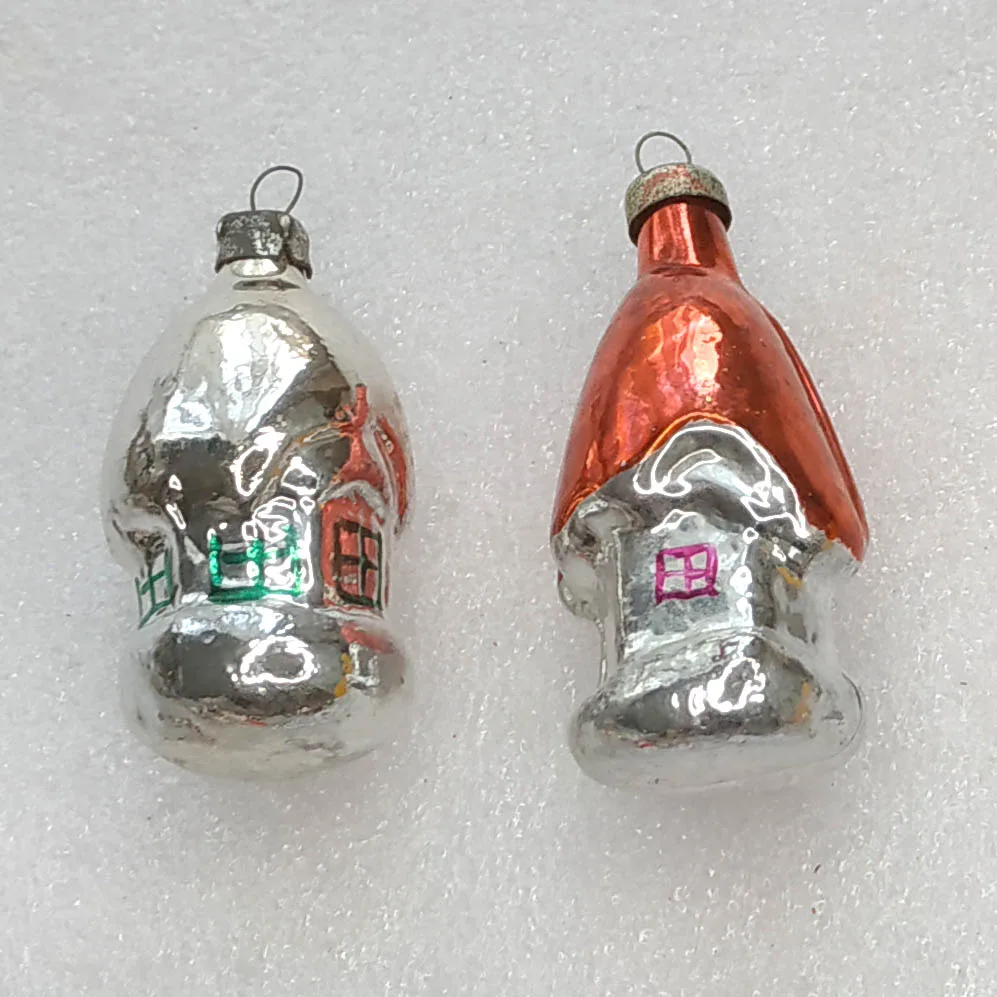Set of 2 Vintage Silver Glass Christmas Ornaments USSR Antique Houses