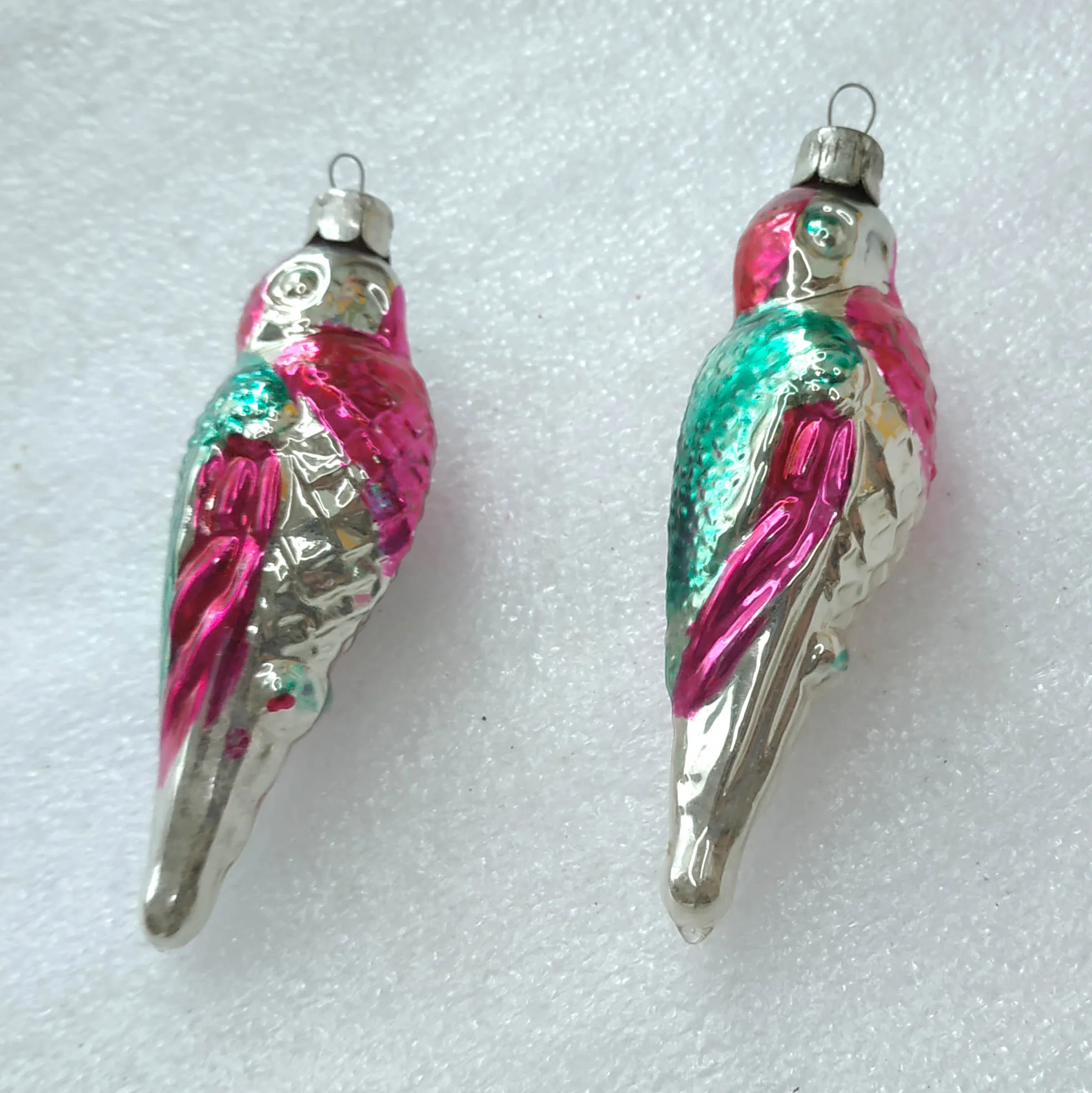 Set of 2 Antique Vintage Mercury Glass USSR Christmas Ornaments Parrots