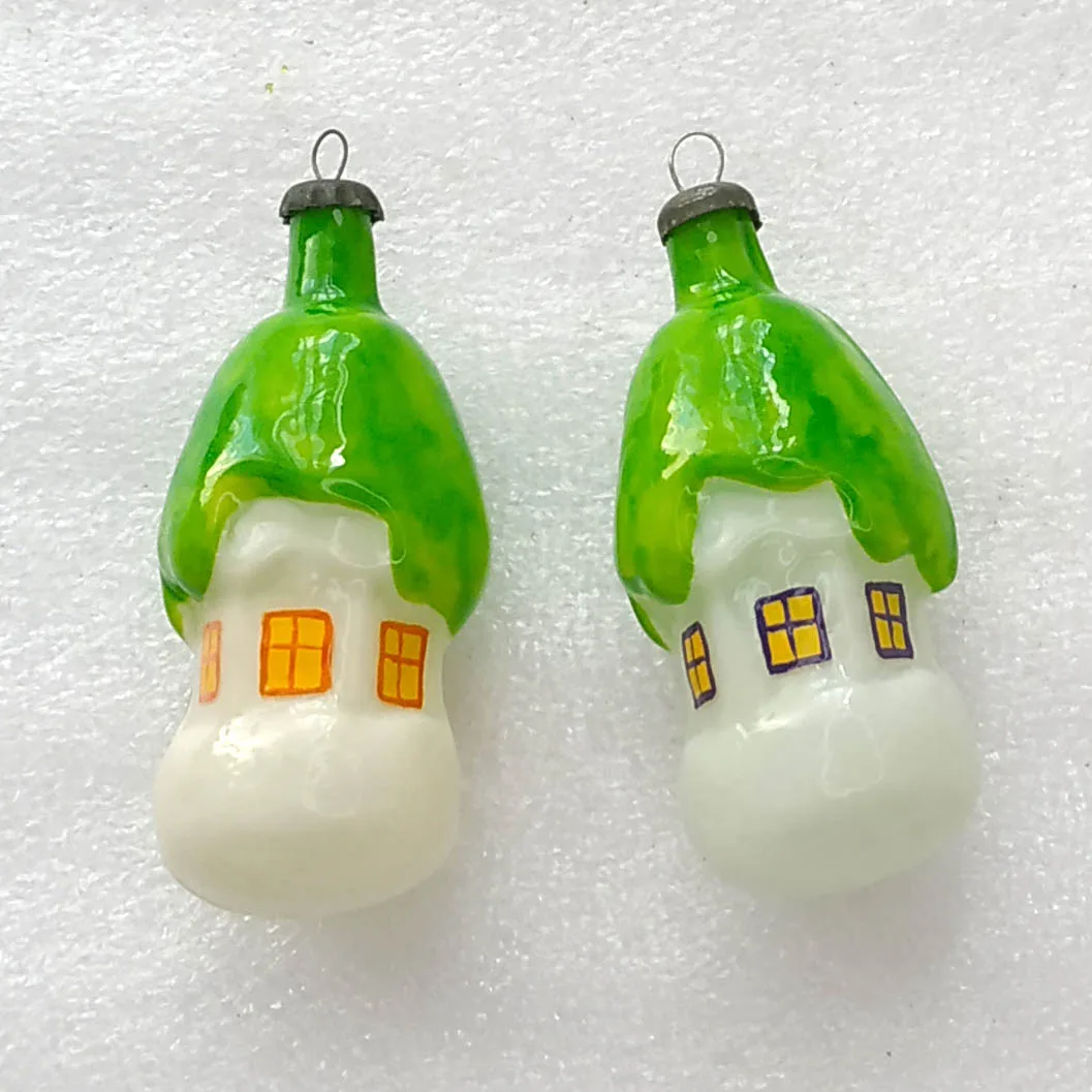Set of 2 Vintage Glass USSR Christmas Antique Ornament Tree Restored Decor Houses