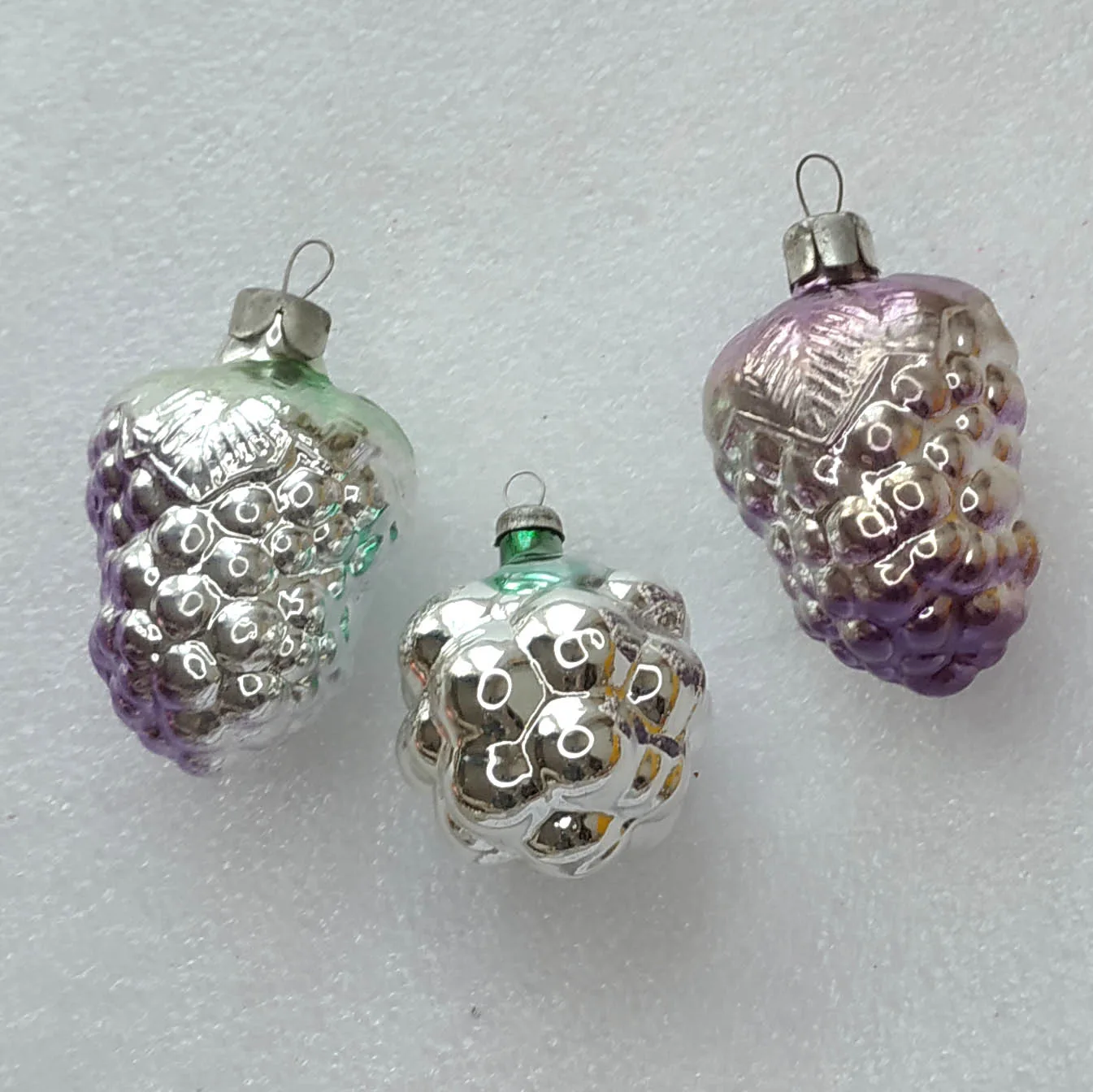Set of 3 Vintage Silver Glass USSR Christmas Antique Ornament Grapes