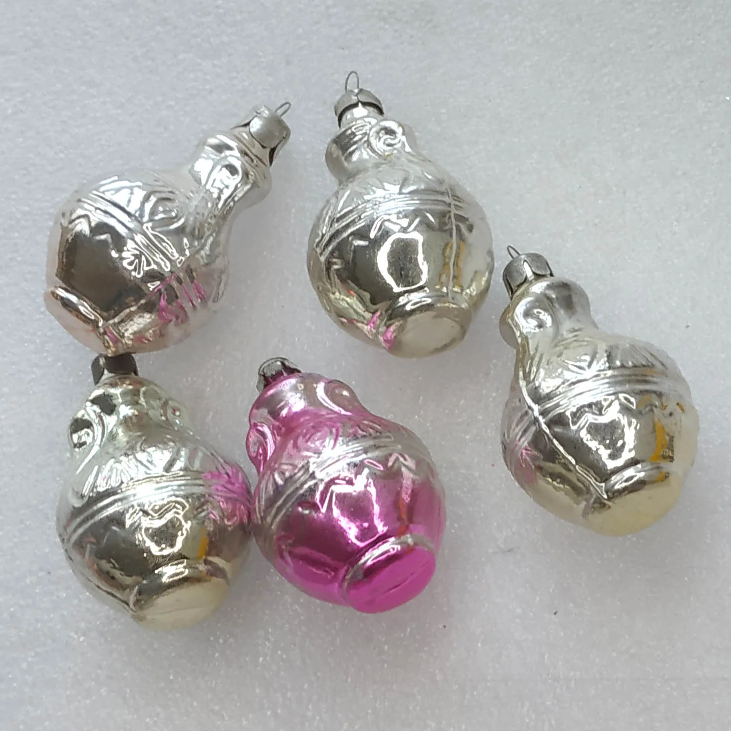 Set of 5 Vintage Silver Glass USSR Christmas Antique Ornaments Old Jugs