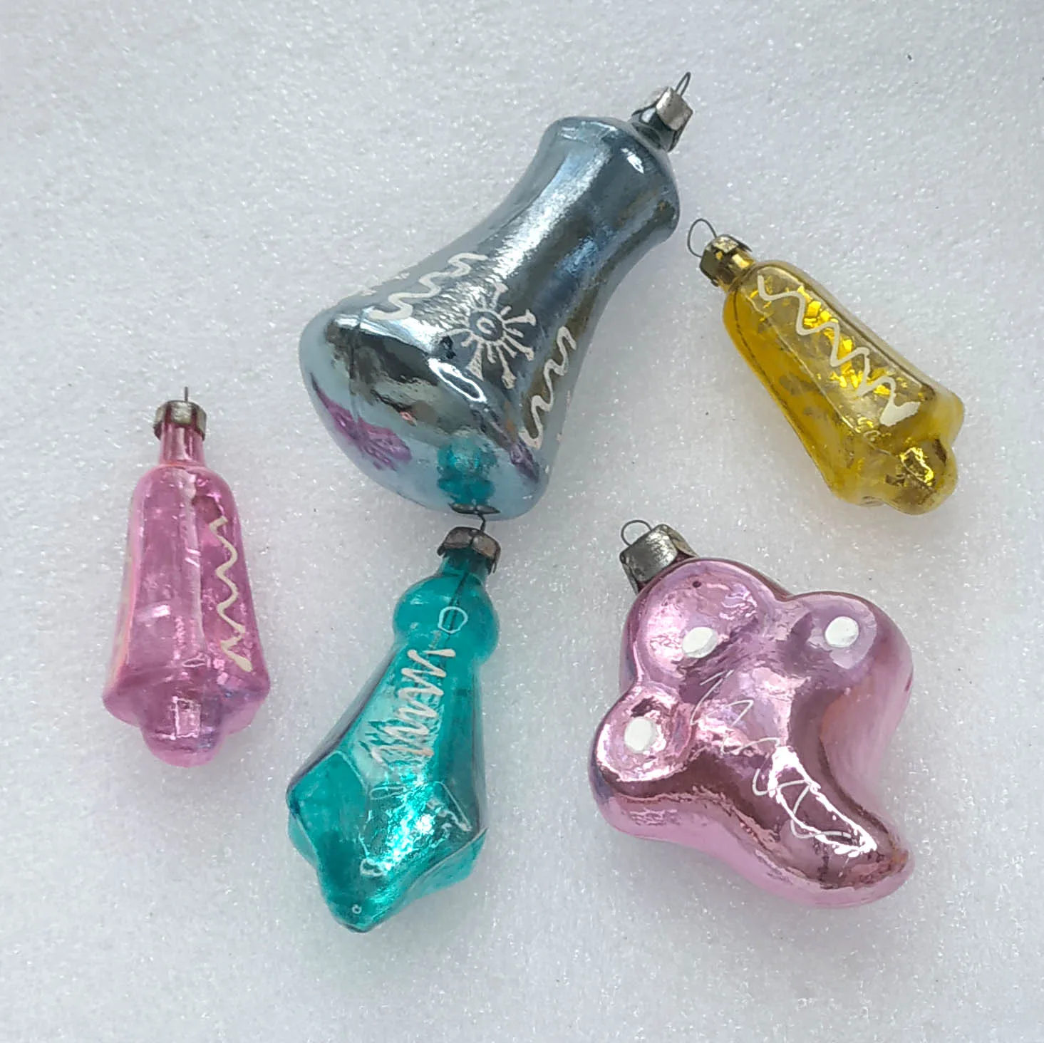 Set of 5 Vintage Christmas Silver Glass Ornament USSR Antique