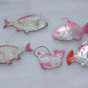 Set of 6 Vintage Christmas Ornaments Cardboard Tree Dresden Antique Decor Fishes