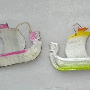 Set of 2 Vintage Christmas Ornaments Cardboard Tree Dresden Antique Decor Boats