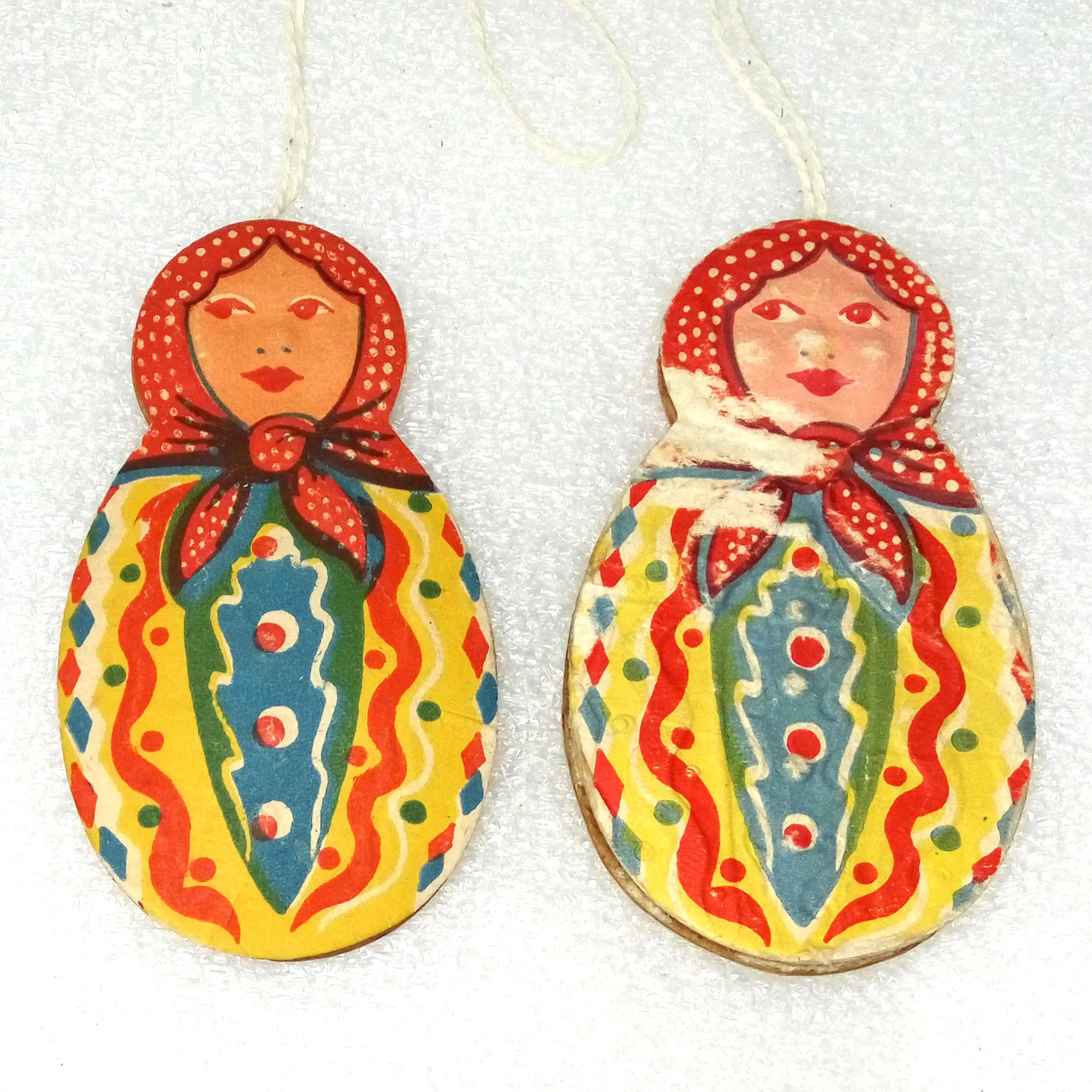 Set of 2 Vintage Ukrainian Cardboard "Dresden" Christmas Ornament Nesting Girl