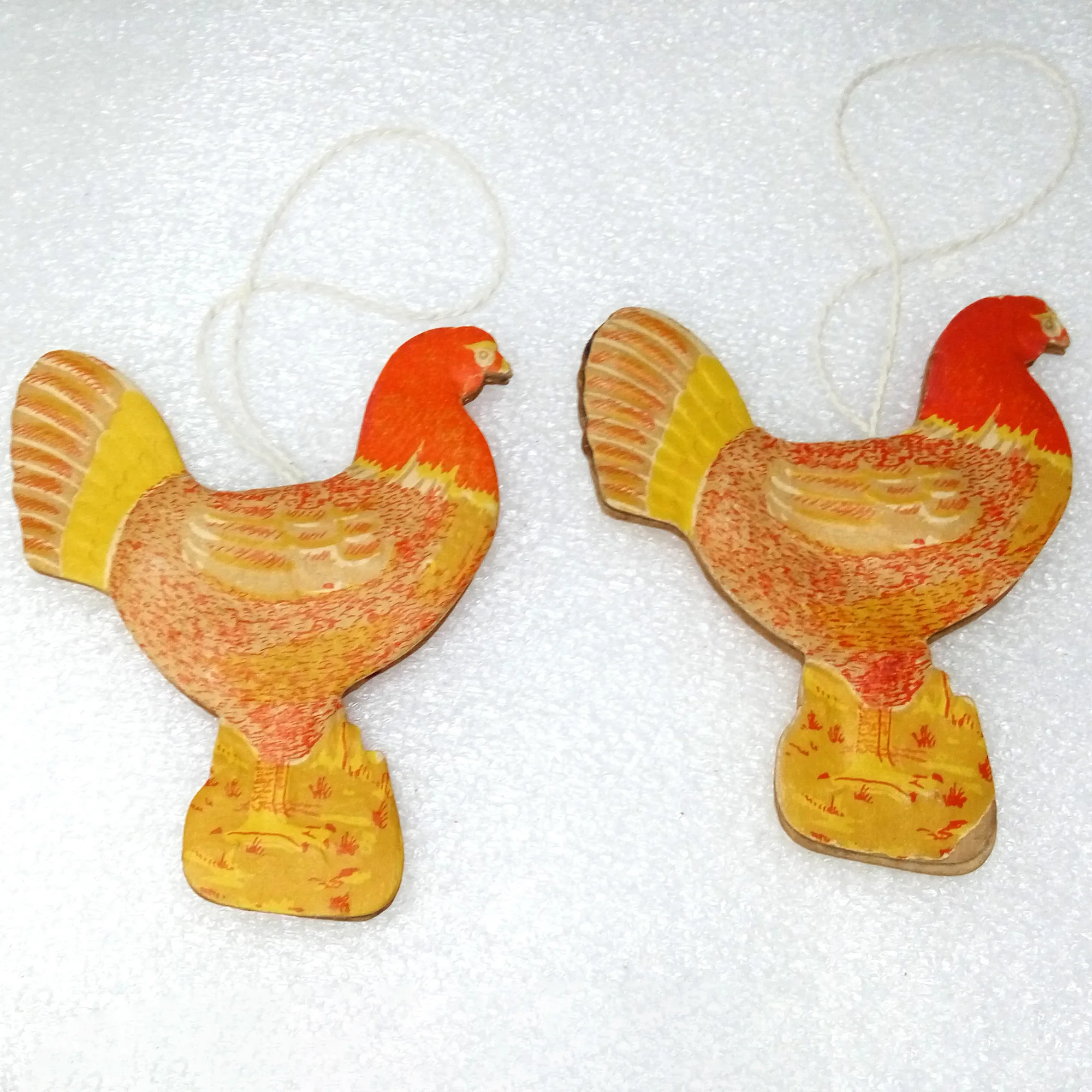 Set of 2 Vintage Ukrainian Cardboard "Dresden" Christmas Tree Ornament Chicken