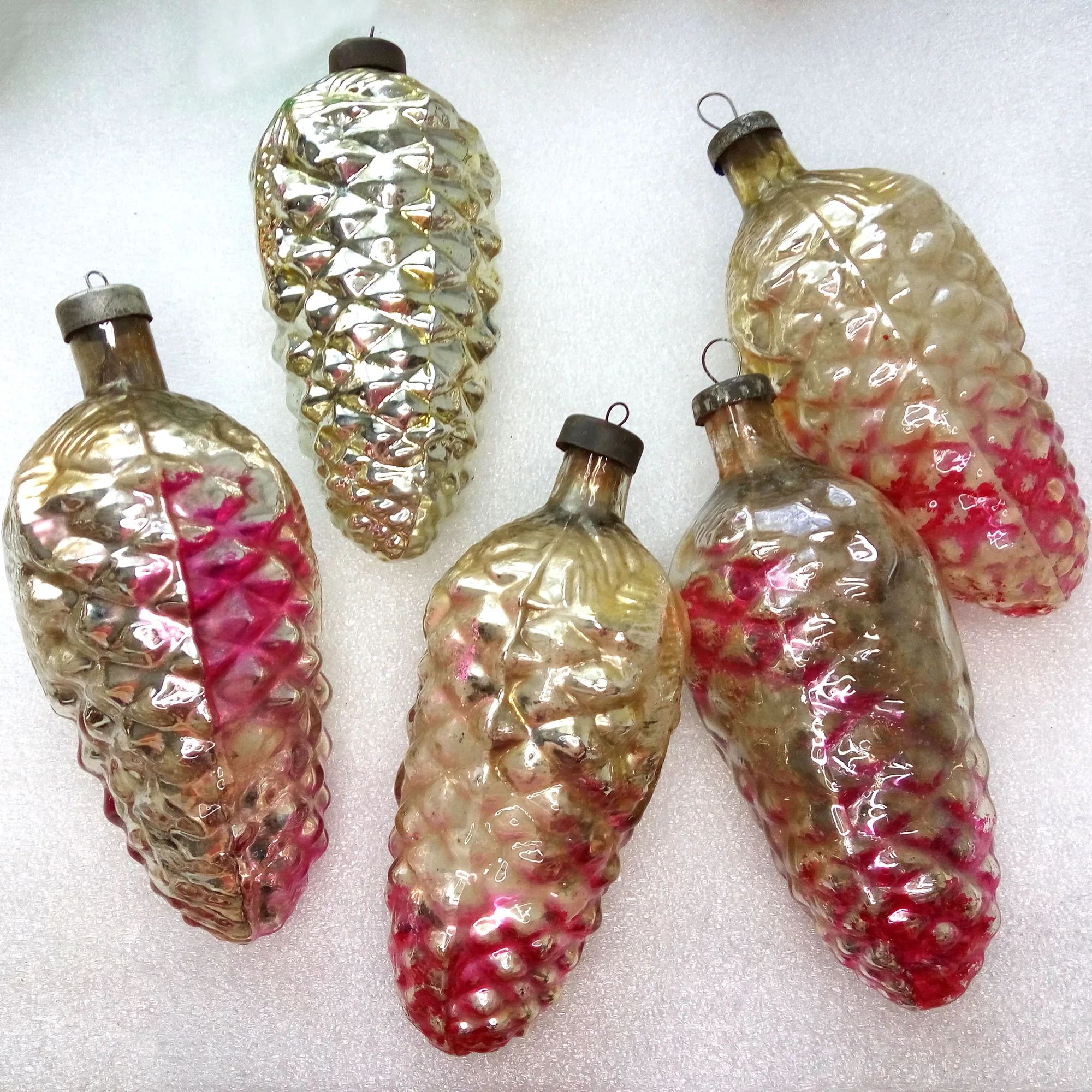 Set of 5 Huge Vintage Antique Glass Christmas Tree Ornament Pinecones