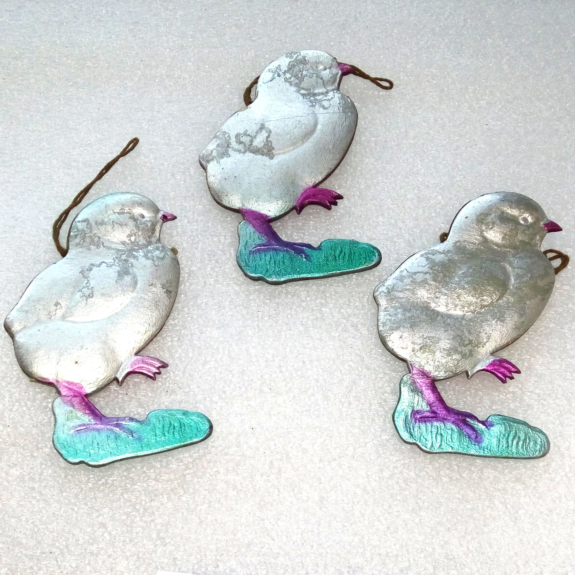 Set of 3 Vintage Ukrainian Cardboard Dresden Christmas Ornament Chickens