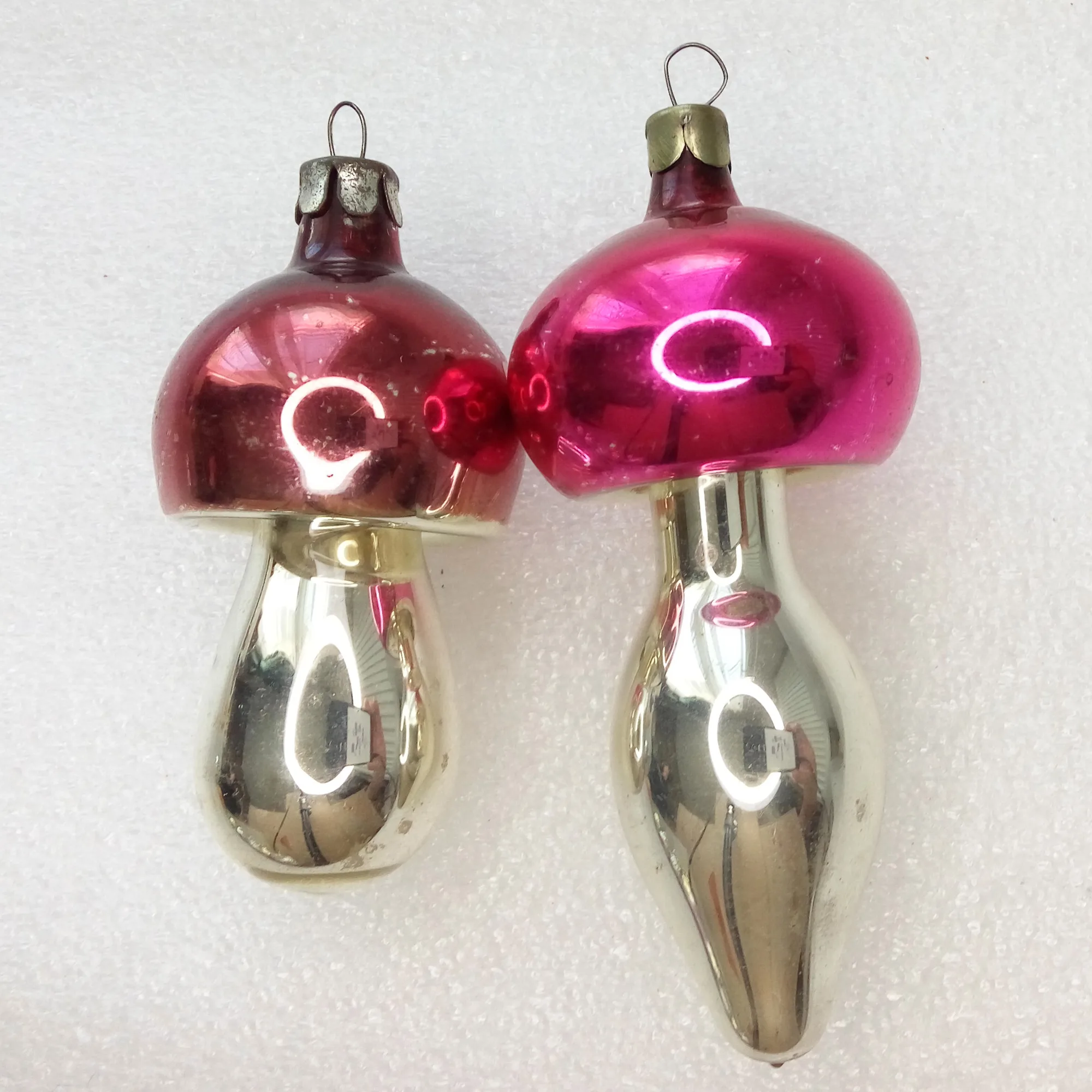 Set of 2 Vintage Glass Christmas Ornaments Tree Mushrooms