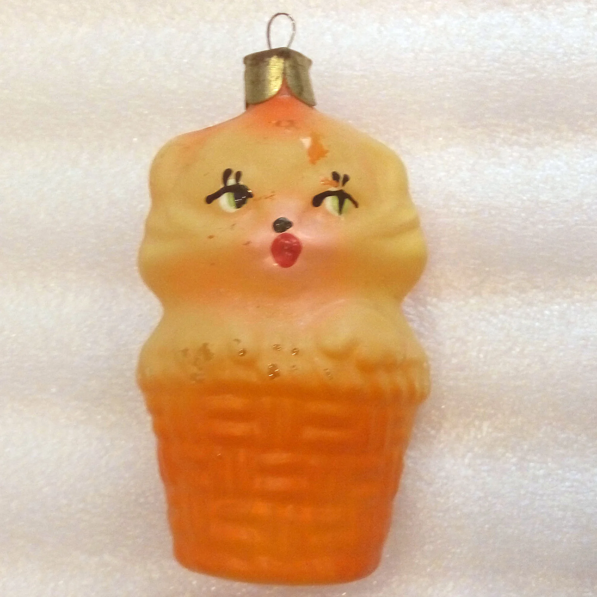 Vintage Russian Glass Christmas Tree Ornament Cat in Basket