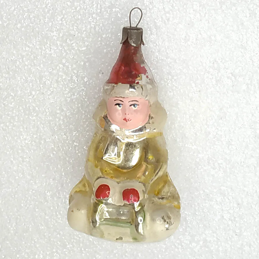 Antique Vintage Glass Christmas Ornament Tree USSR Kid on Sledge
