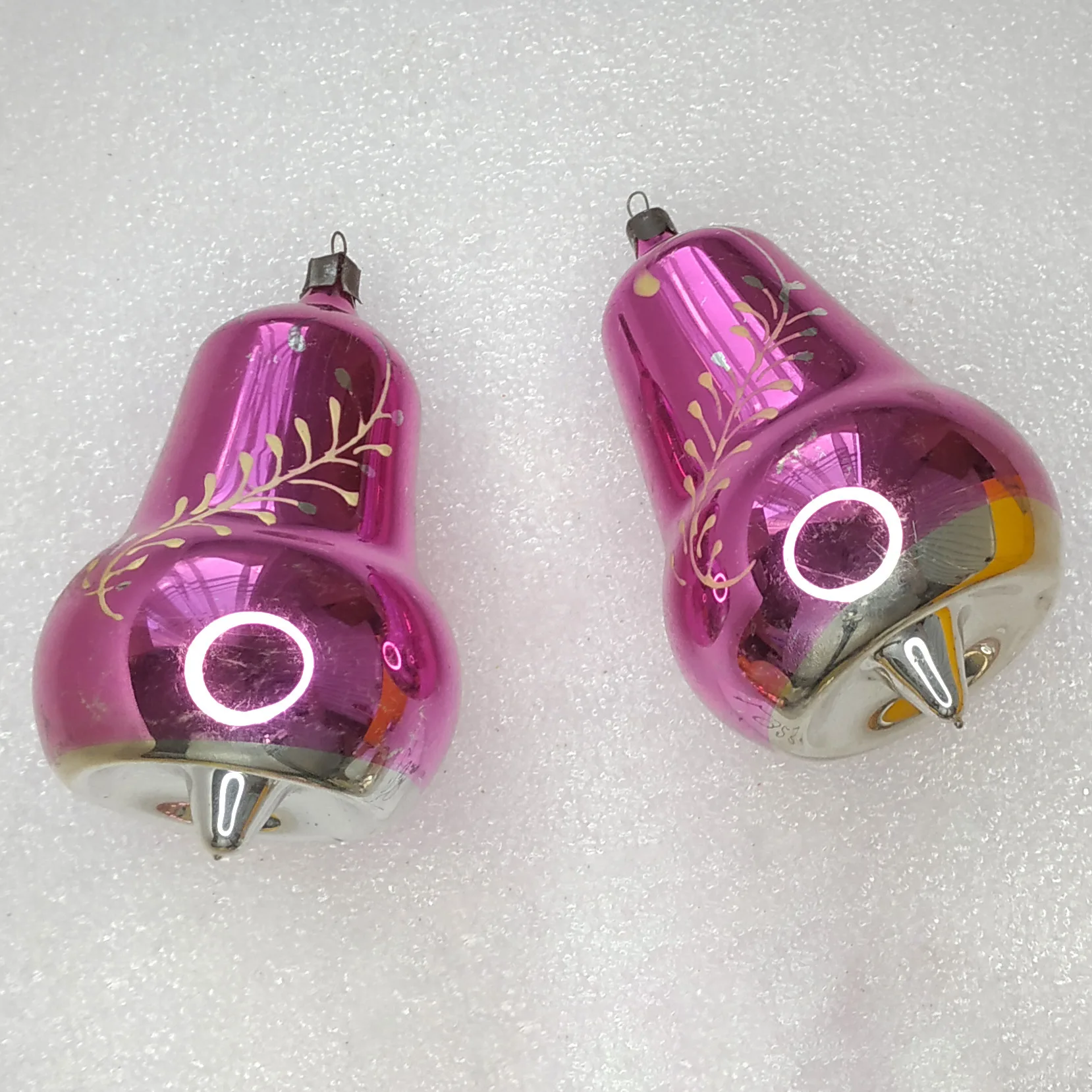 Set of 2 Antique Vintage Silver Glass Christmas Ornament USSR Bells