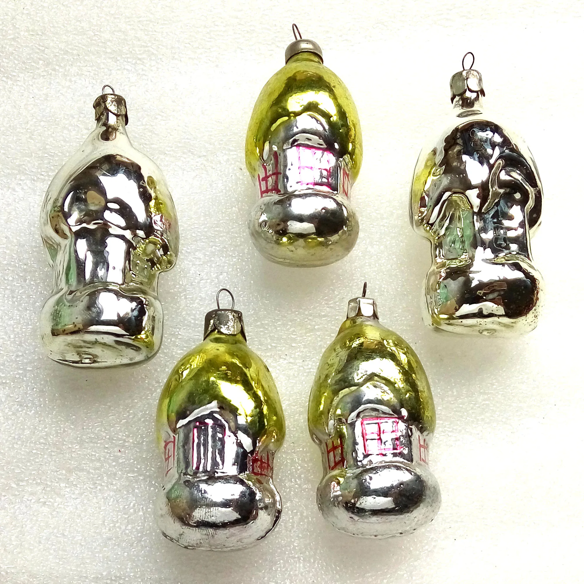 Set of 5 Vintage USSR Glass Christmas Ornaments Houses