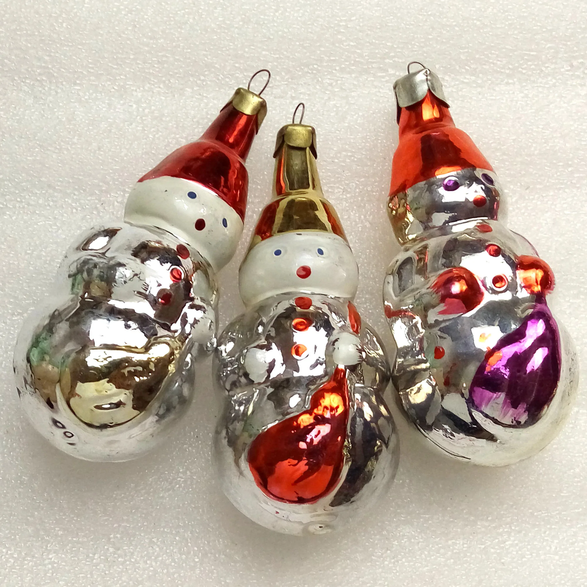 Set of 3 Vintage USSR Glass Christmas Ornaments Snowmen