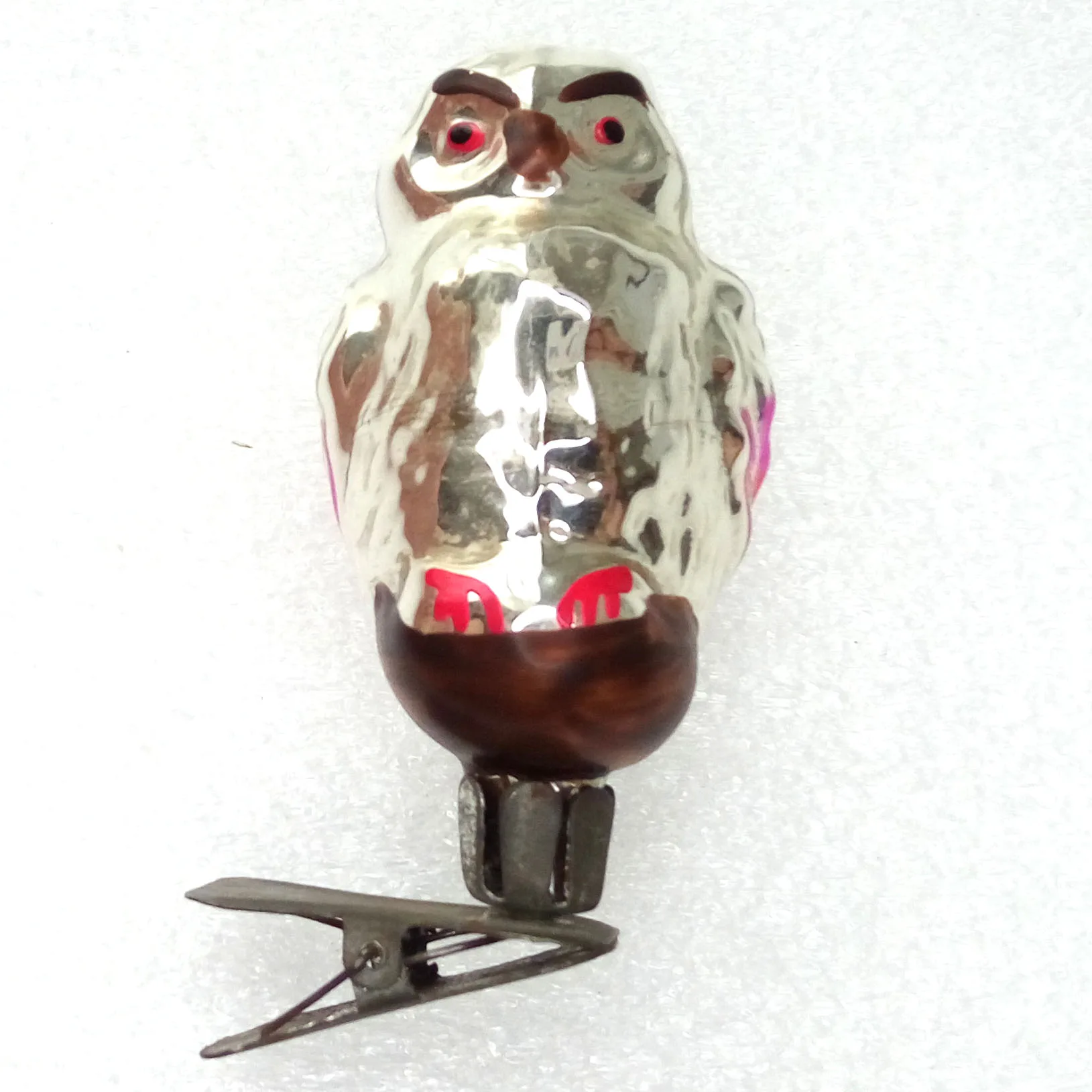 Vintage Ukrainian Glass Christmas Fir Tree Ornament Old Owl