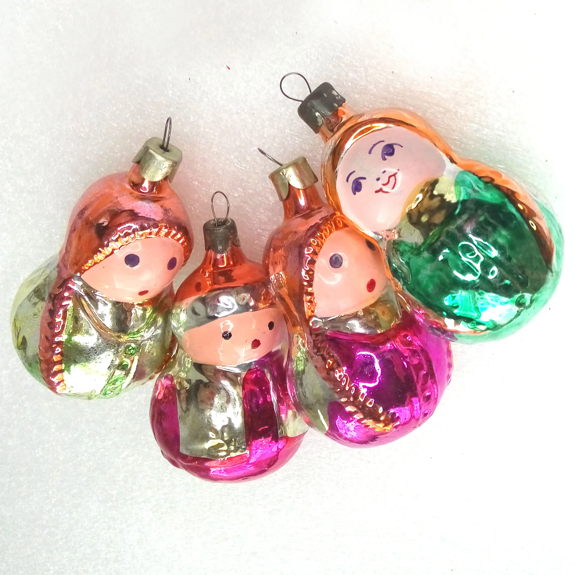 Set of 4 Vintage Ukrainian Glass Christmas Ornaments Dolls