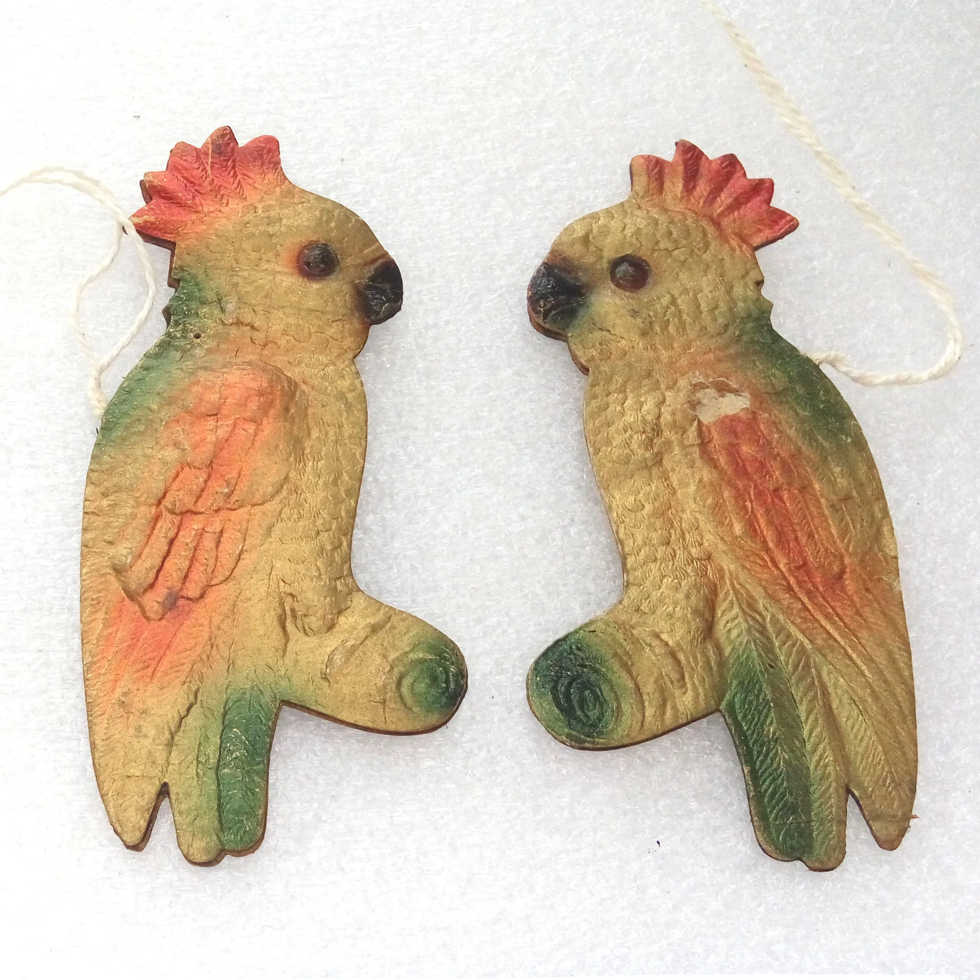 Set of 2 Vintage Ukrainian Cardboard Dresden Christmas Ornament Parrots