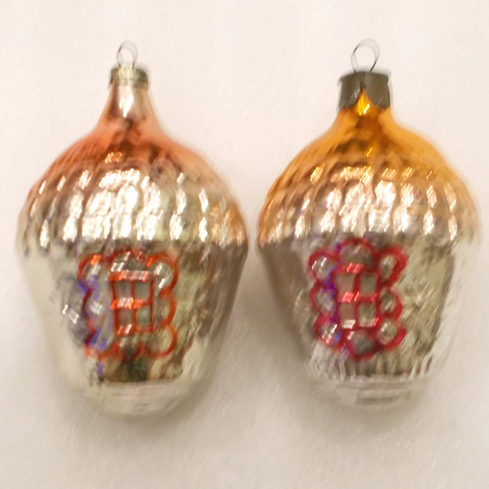 Set of 2 Vintage Glass Christmas Tree USSR Ornament Houses