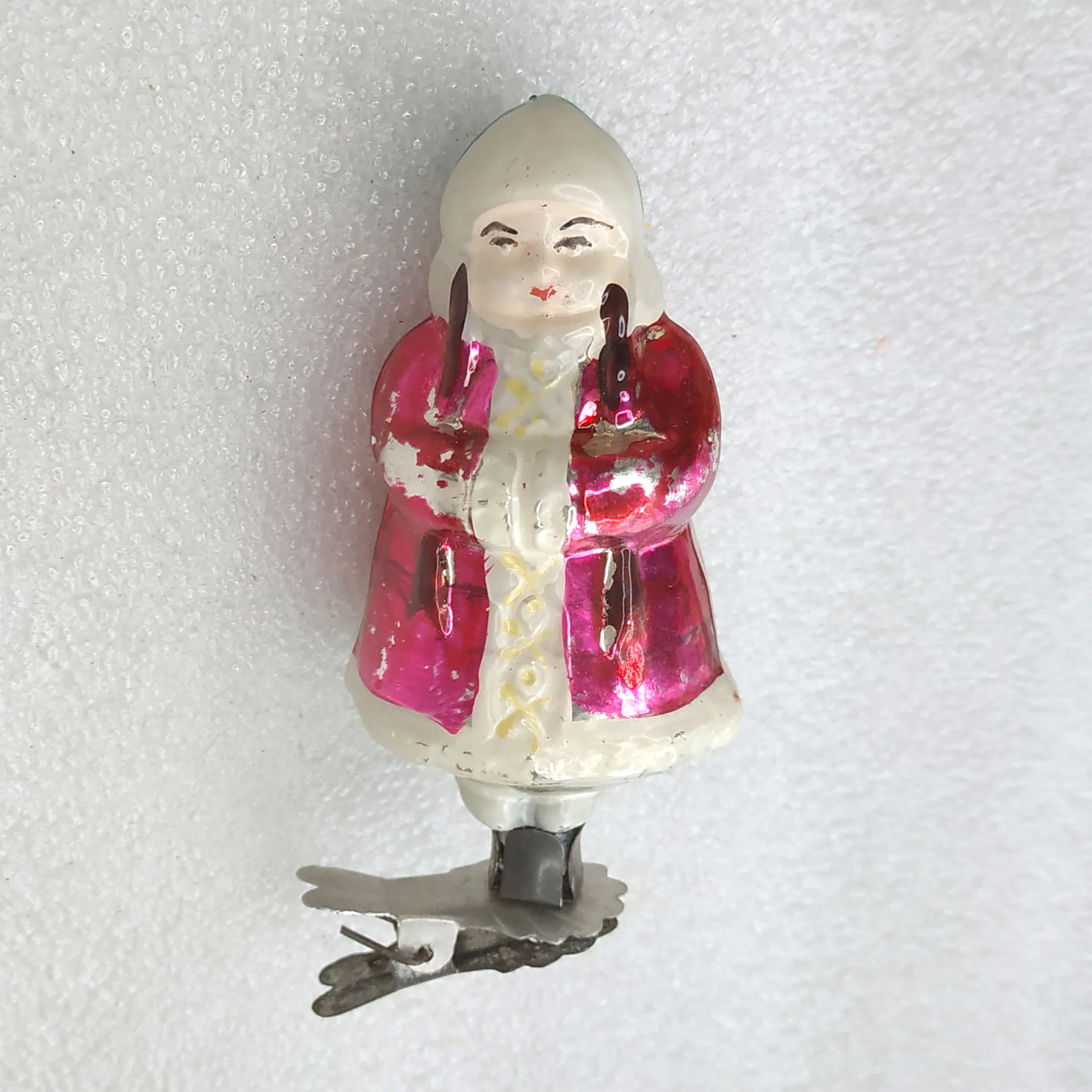 Antique Vintage Glass USSR Christmas Ornament Girl in Coat