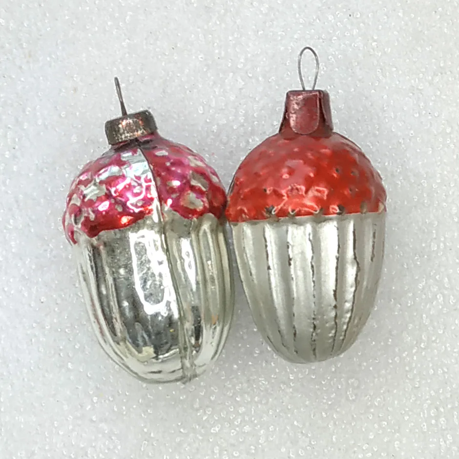 Set of 2 Antique Vintage Glass USSR Christmas Ornament Acorns