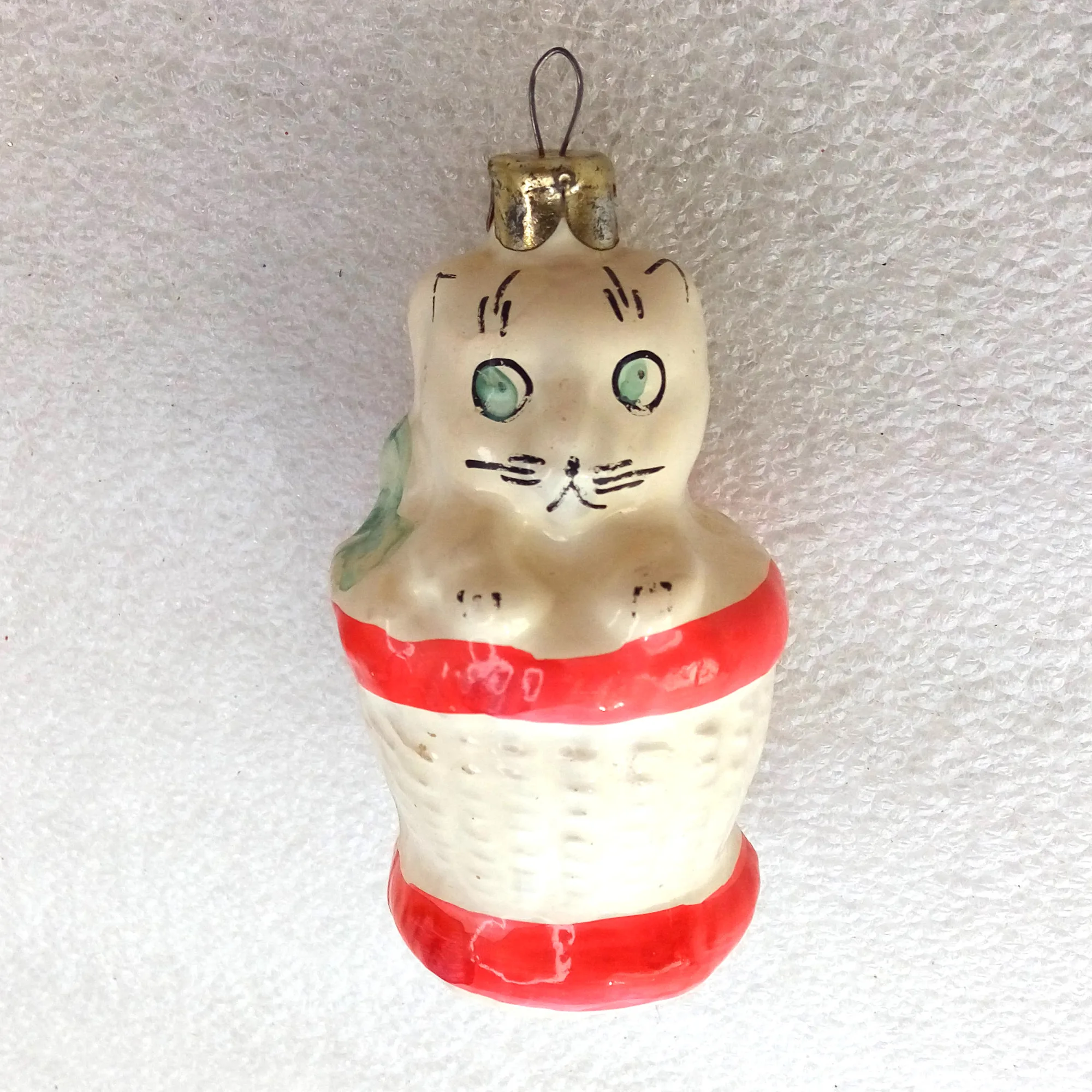 Antique Vintage Glass Christmas Ornament Kitten Basket