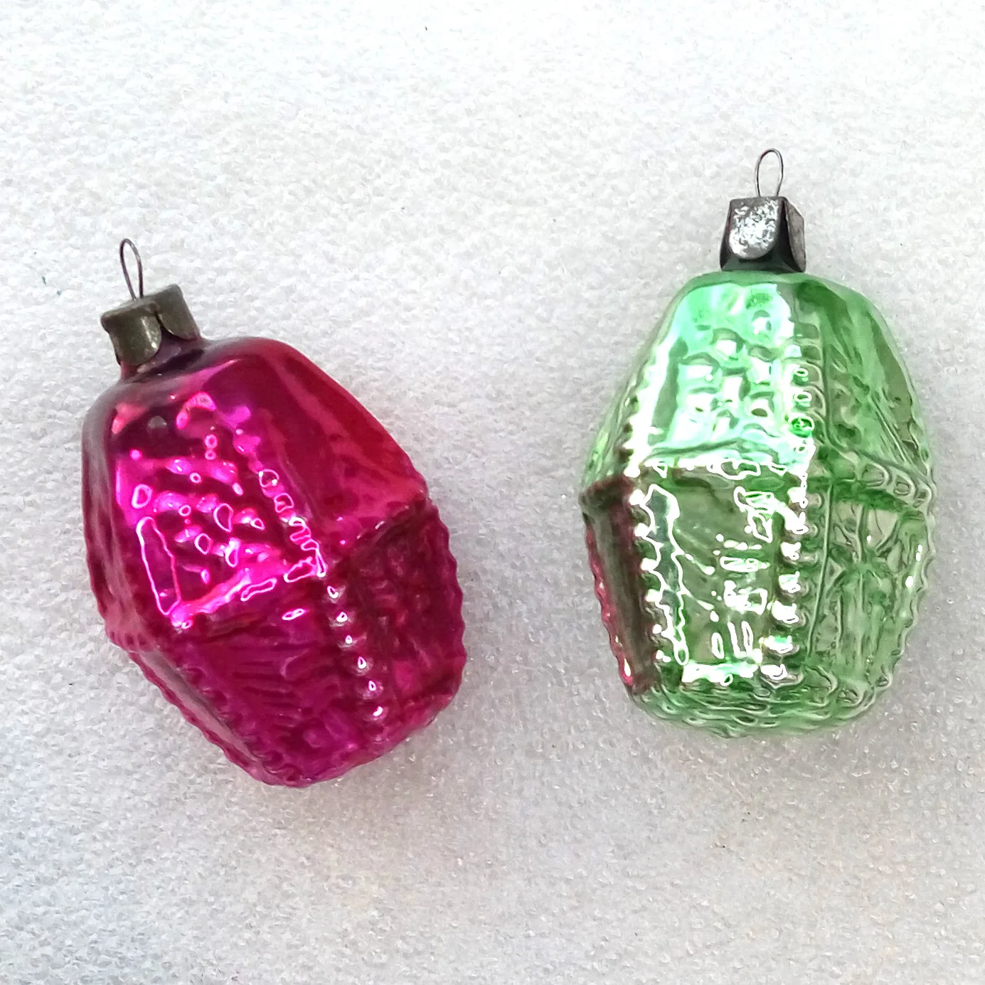 Set of 2 Vintage Glass Christmas Ornaments Lanterns
