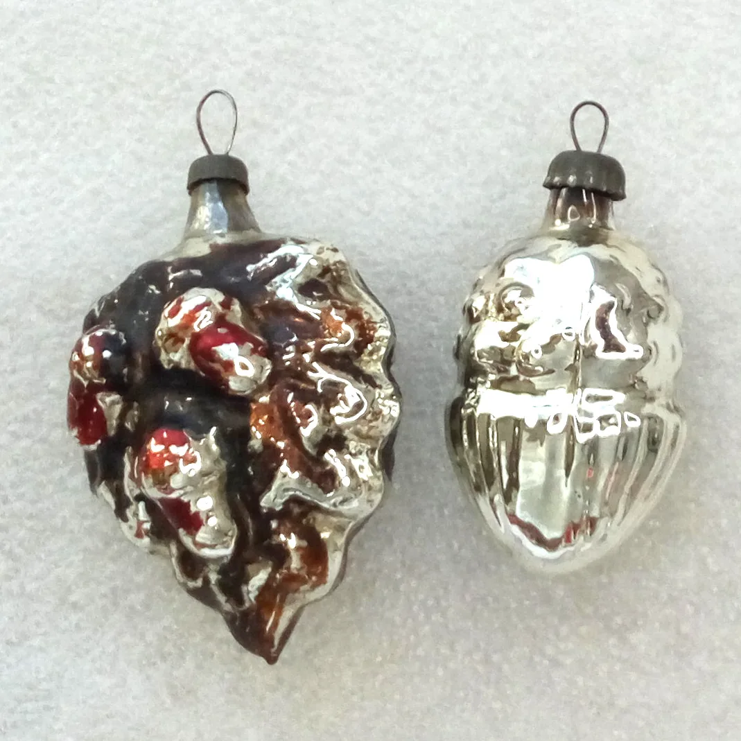Set of 2 Vintage Silver Glass Christmas Ornaments Acorns