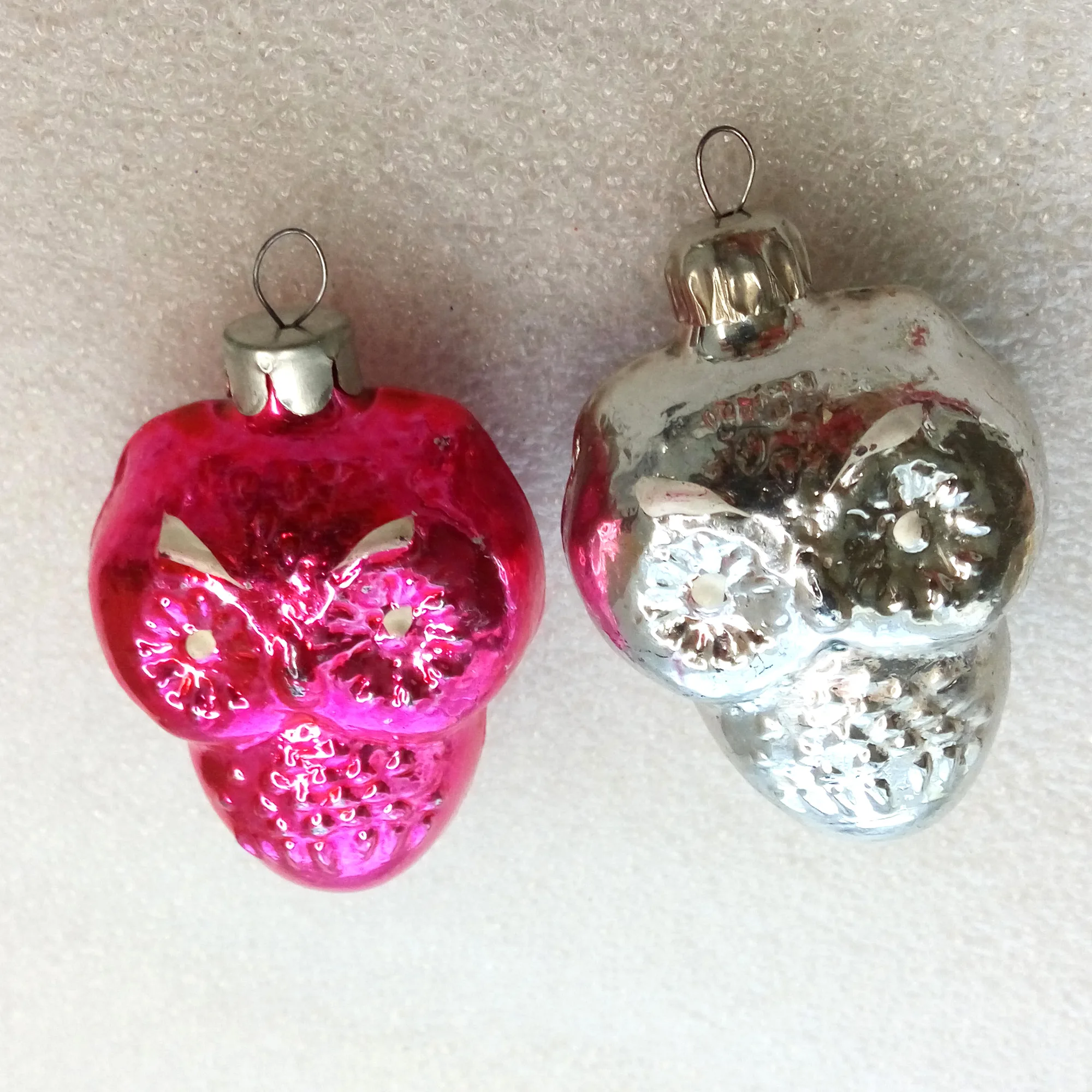 Set of 2 Antique Vintage Silver Glass Christmas Ornament Owls