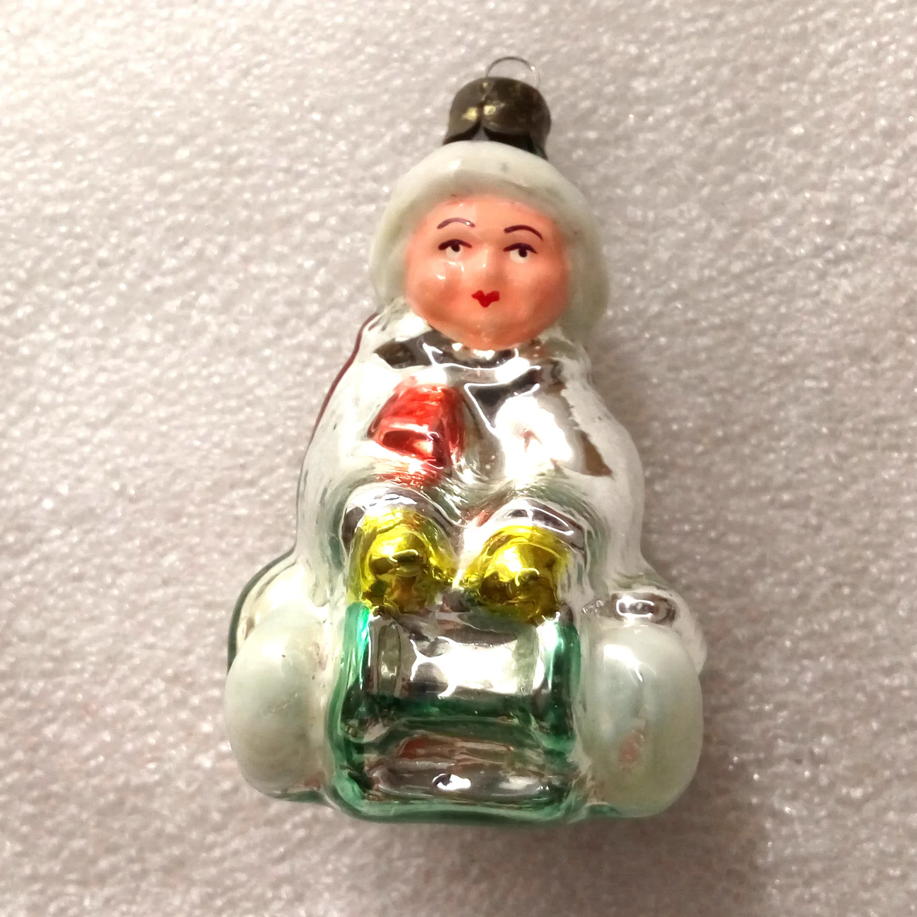 Antique Vintage Glass Christmas Ornament Kid on Sledge