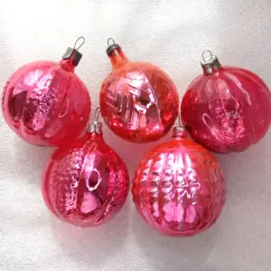 Set of 5 Vintage Glass Christmas Ornaments Balls