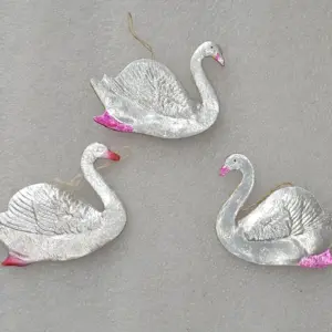 Set of 3 Antique Vintage Dresden Cardboard Christmas Ornament Swan