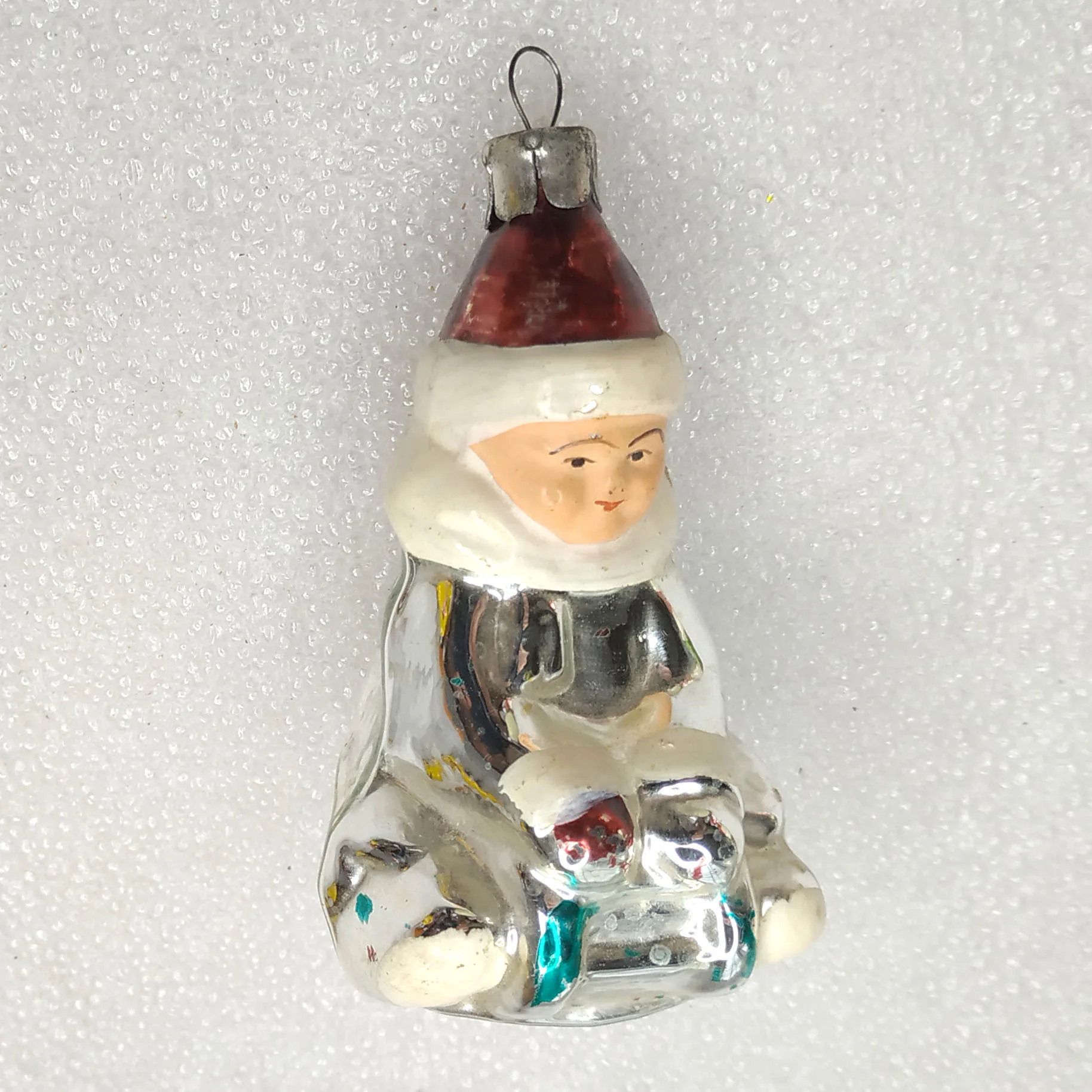 Antique Vintage Glass Christmas USSR Ornament Kid on Sled